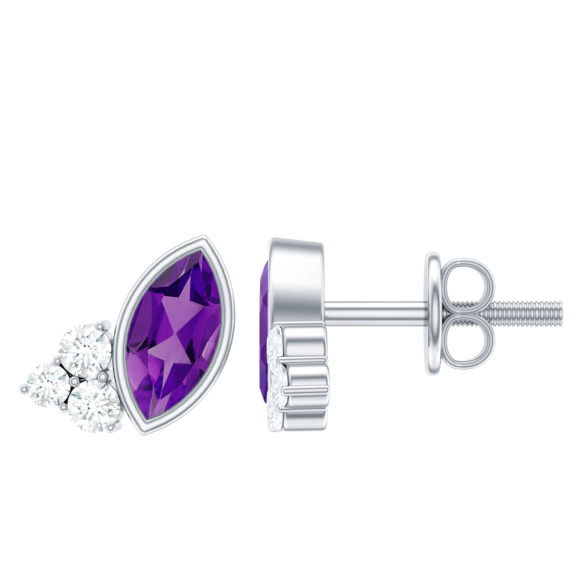 Rosec Jewels-Marquise Amethyst Stud Earrings with Lab Diamond in Sterling Silver