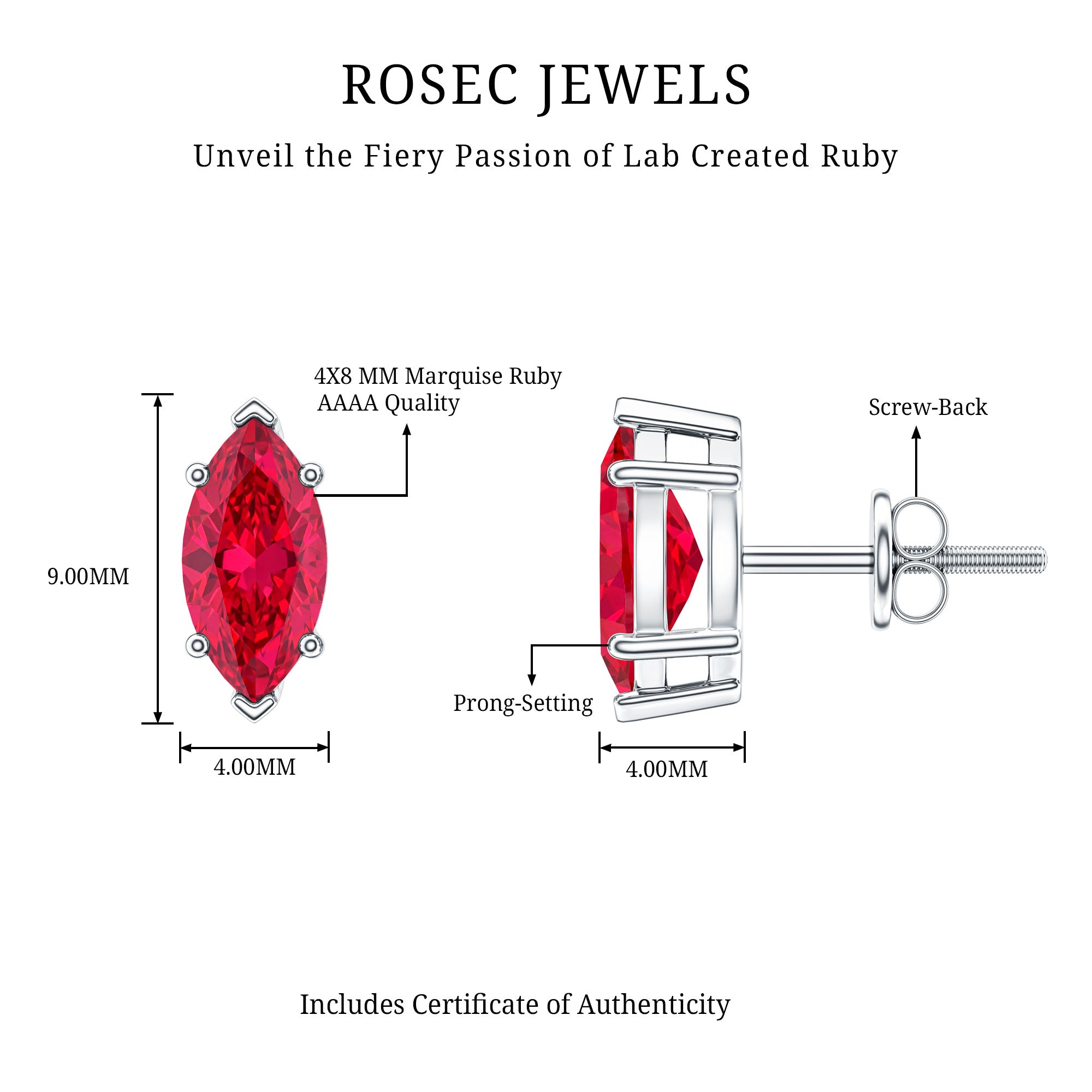 Certified Marquise Cut Lab Grown Ruby Everyday Stud Earring AAAA - Rosec Jewels