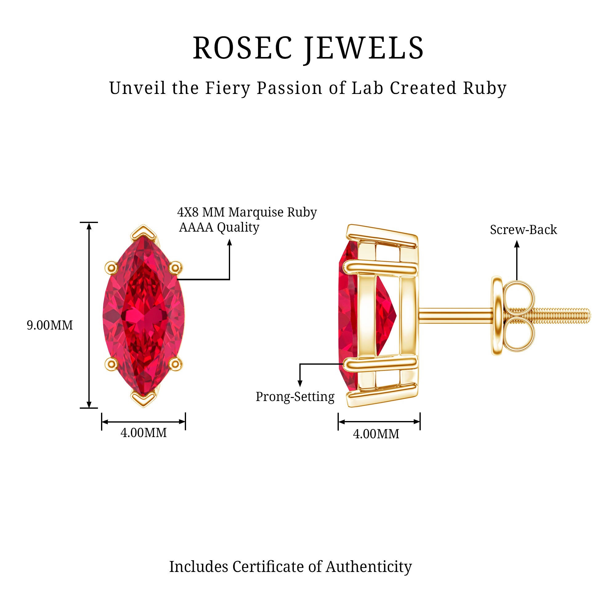 Certified Marquise Cut Lab Grown Ruby Everyday Stud Earring AAAA - Rosec Jewels