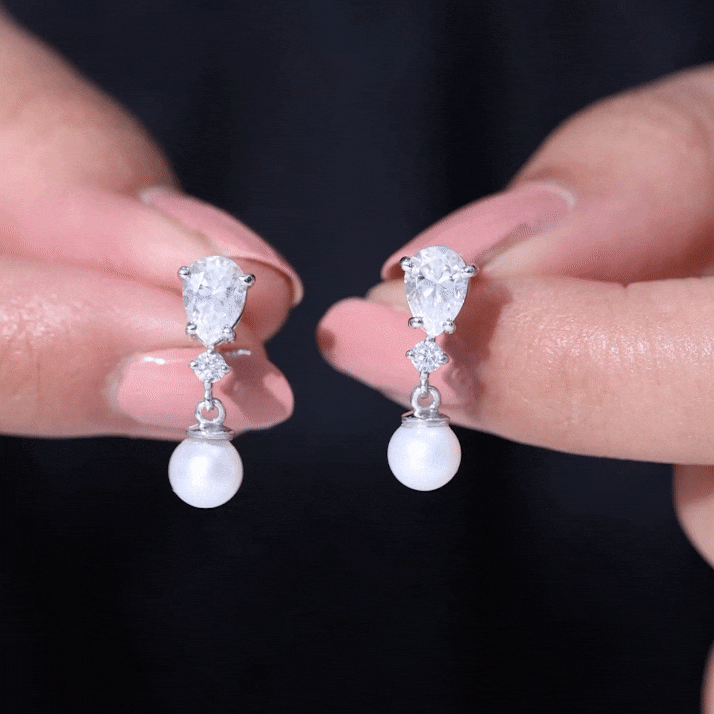 Moissanite and Freshwater Pearl Dangle Drop Earrings AAA - Rosec Jewels