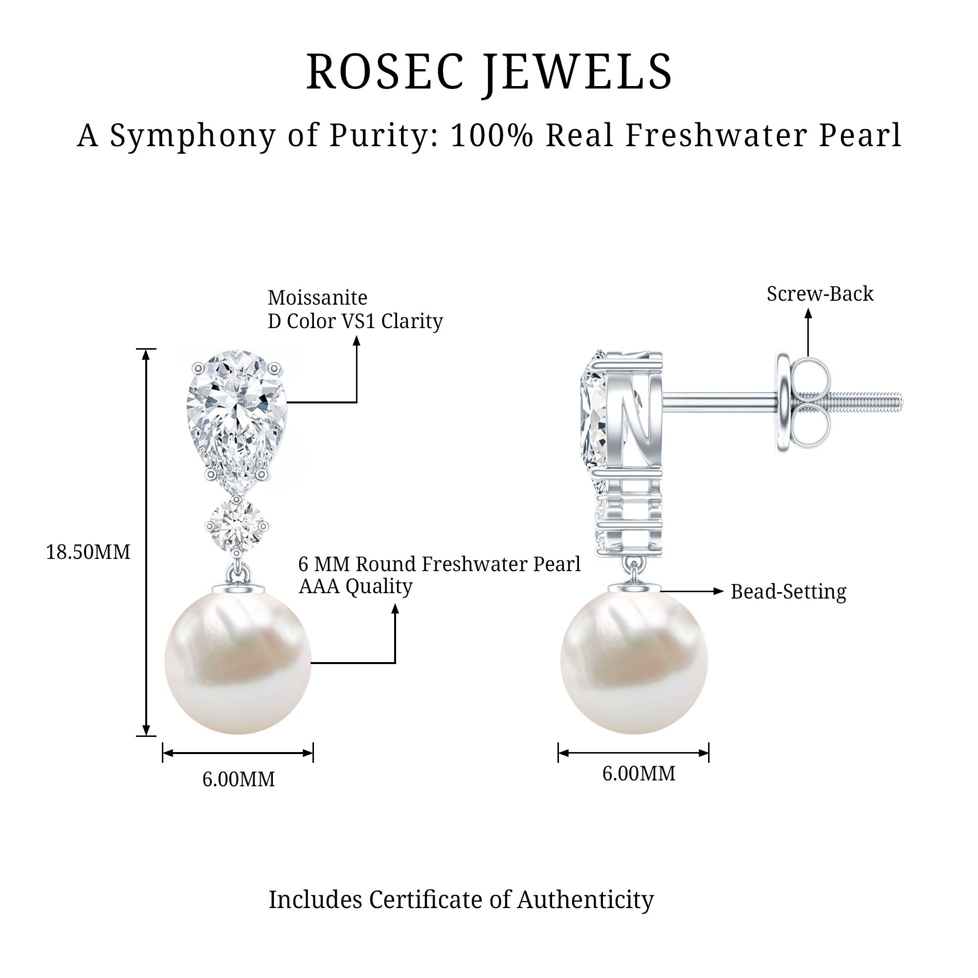 Moissanite and Freshwater Pearl Dangle Drop Earrings AAA - Rosec Jewels