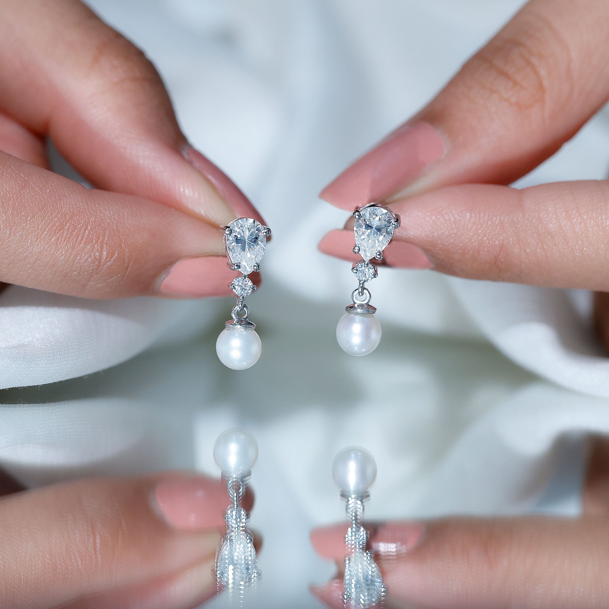 Moissanite and Freshwater Pearl Dangle Drop Earrings AAA - Rosec Jewels