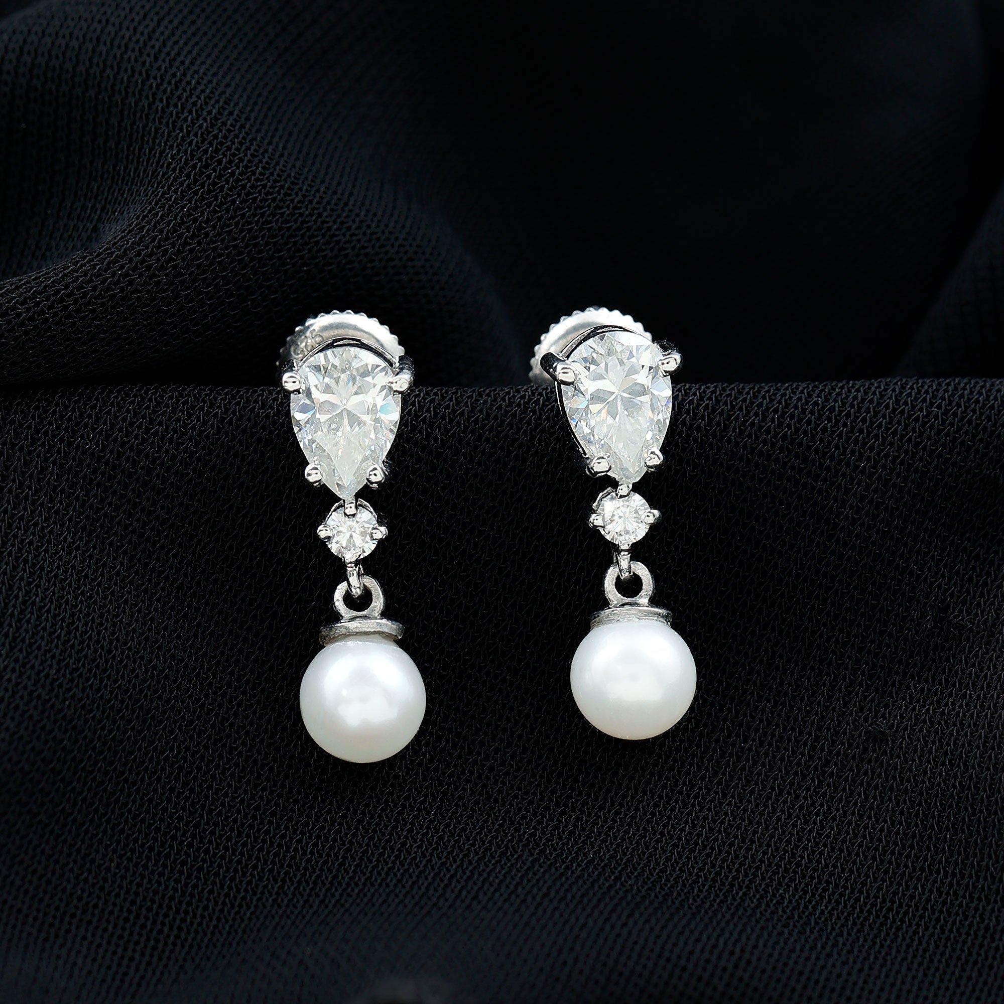 Moissanite and Freshwater Pearl Dangle Drop Earrings AAA - Rosec Jewels