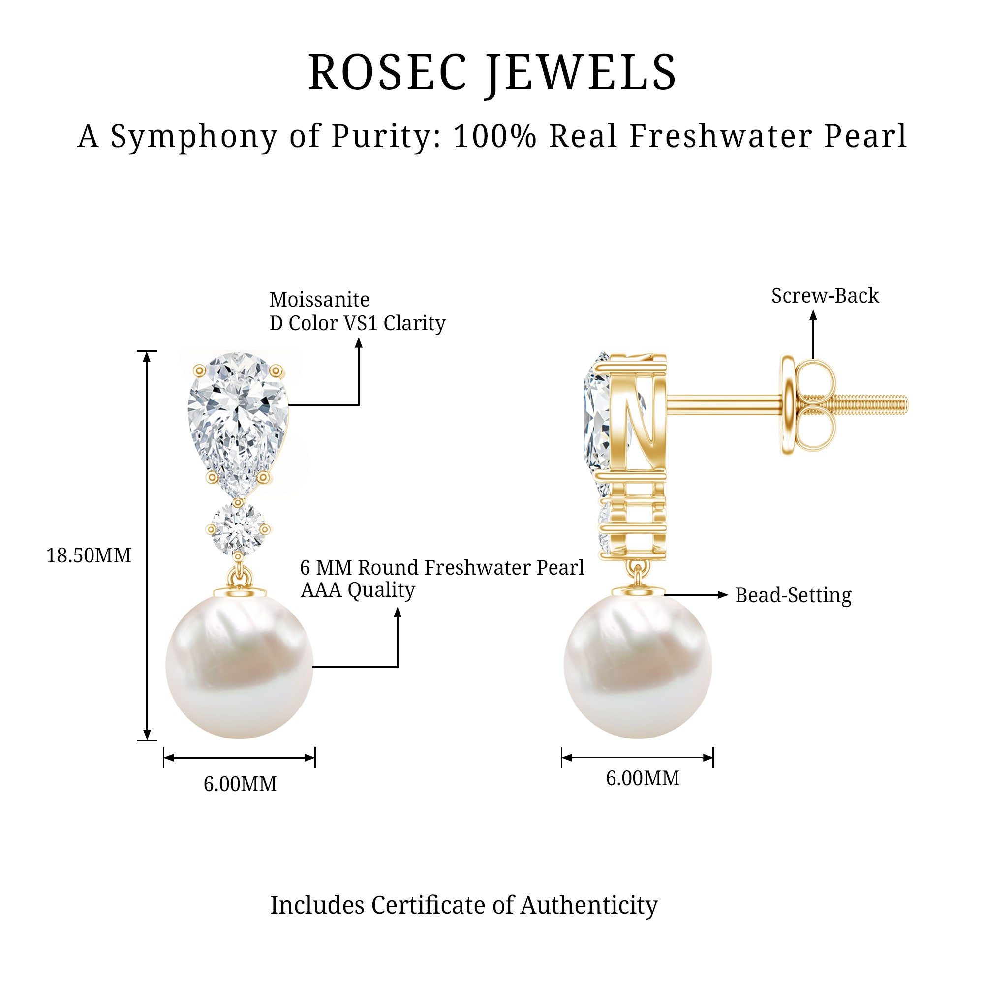 Moissanite and Freshwater Pearl Dangle Drop Earrings AAA - Rosec Jewels