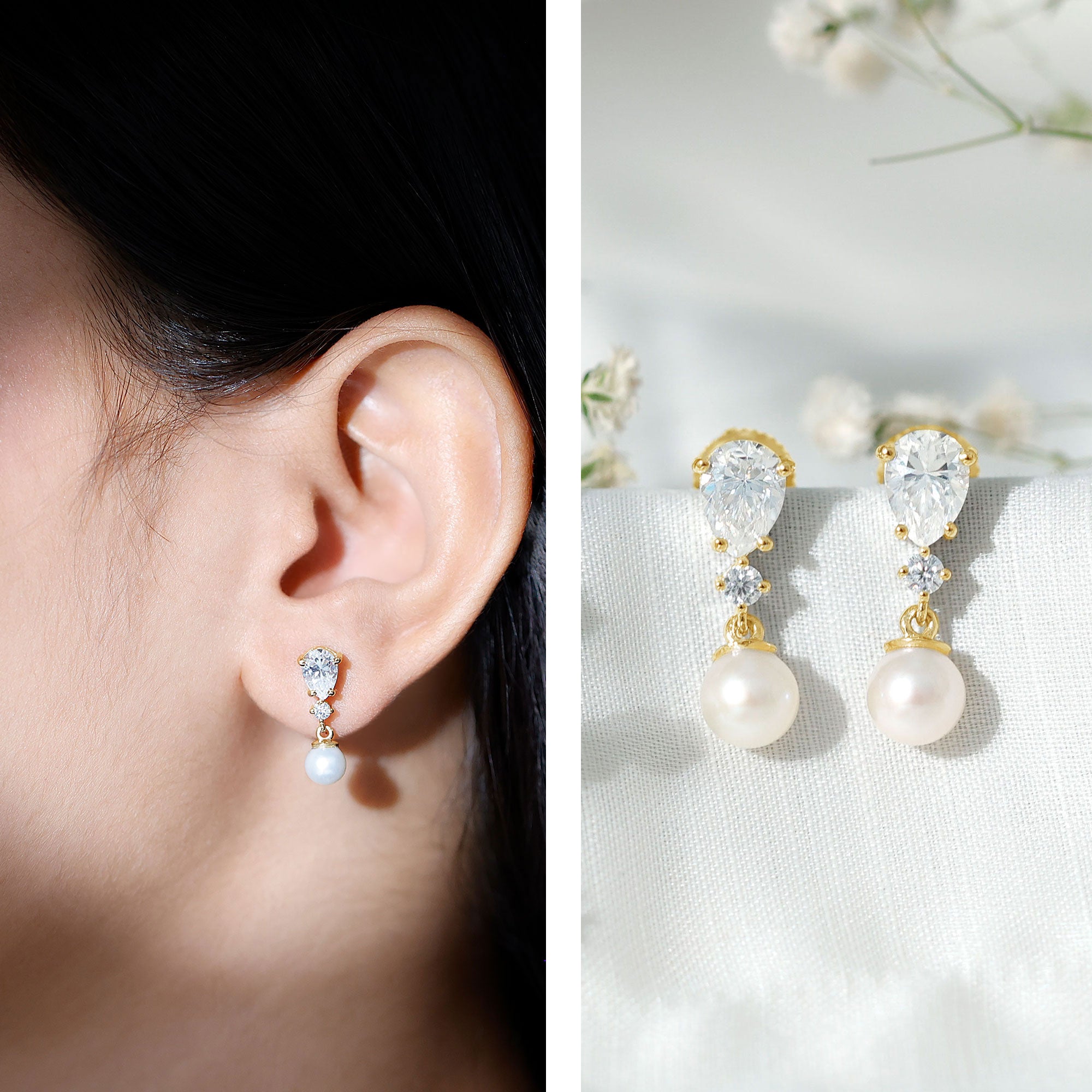 Moissanite and Freshwater Pearl Dangle Drop Earrings AAA - Rosec Jewels