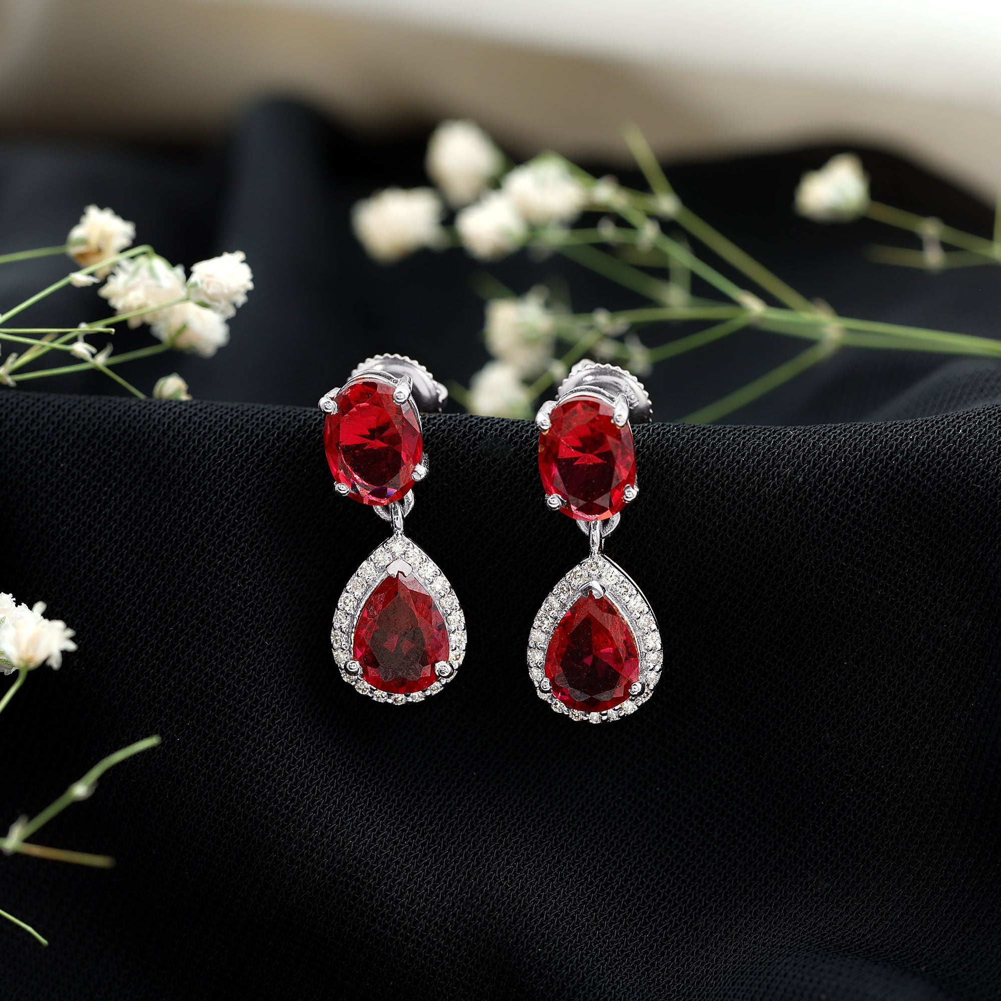 5 Carat Lab Created Ruby and Diamond Dangle Drop Earrings AAAA - Rosec Jewels
