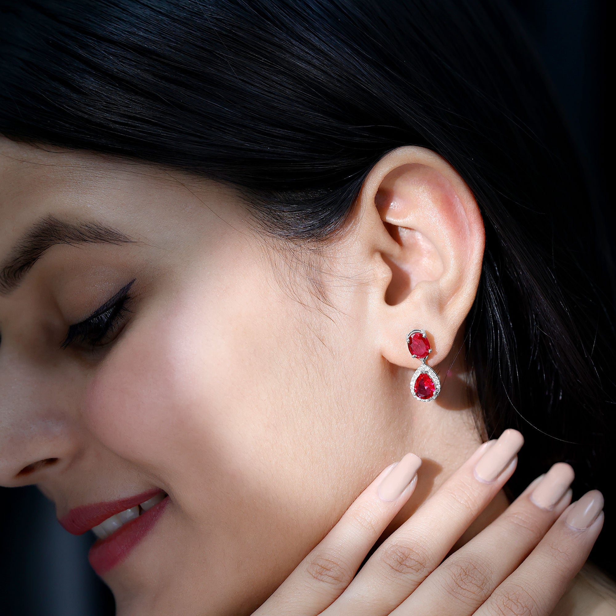 5 Carat Lab Created Ruby and Diamond Dangle Drop Earrings AAAA - Rosec Jewels