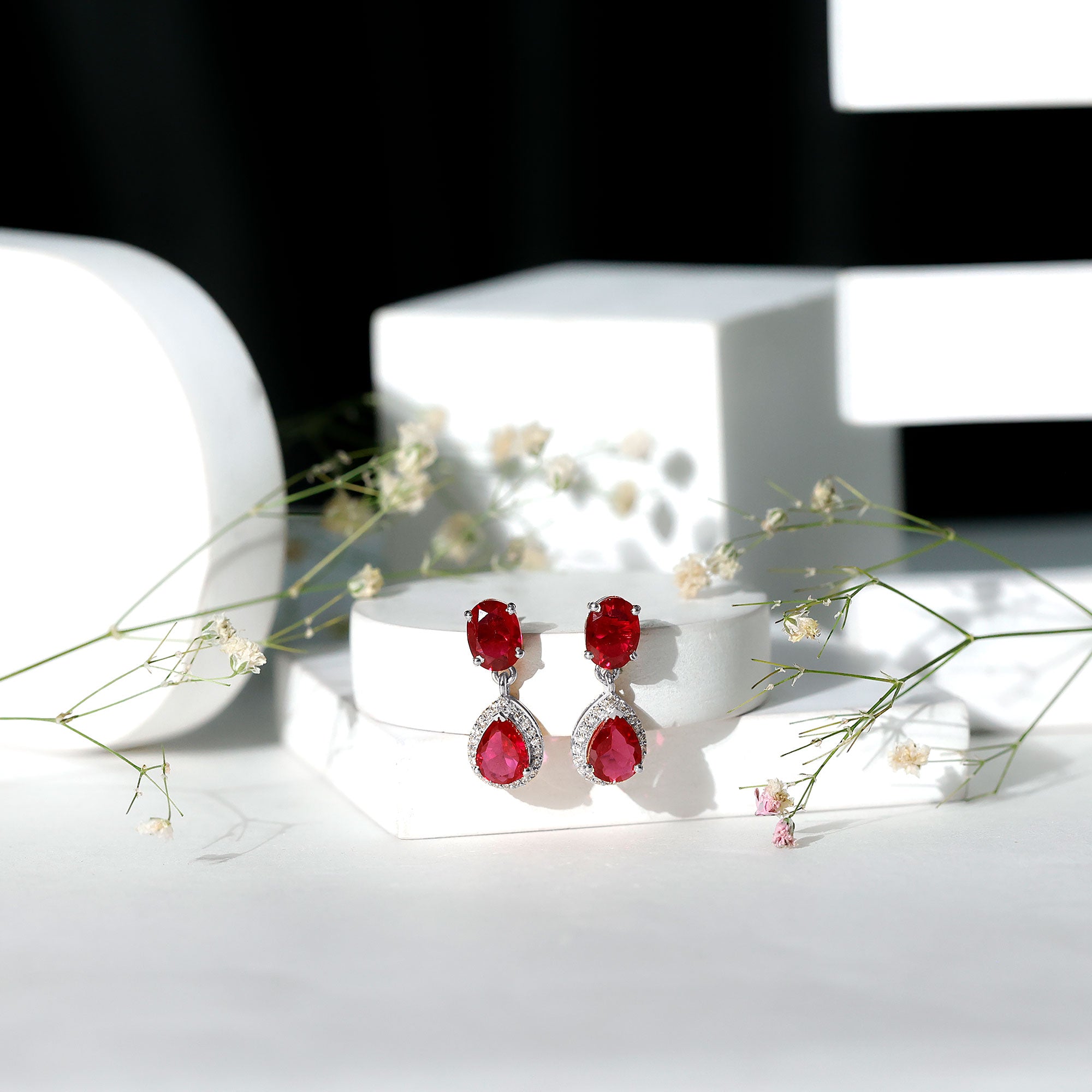 5 Carat Lab Created Ruby and Diamond Dangle Drop Earrings AAAA - Rosec Jewels