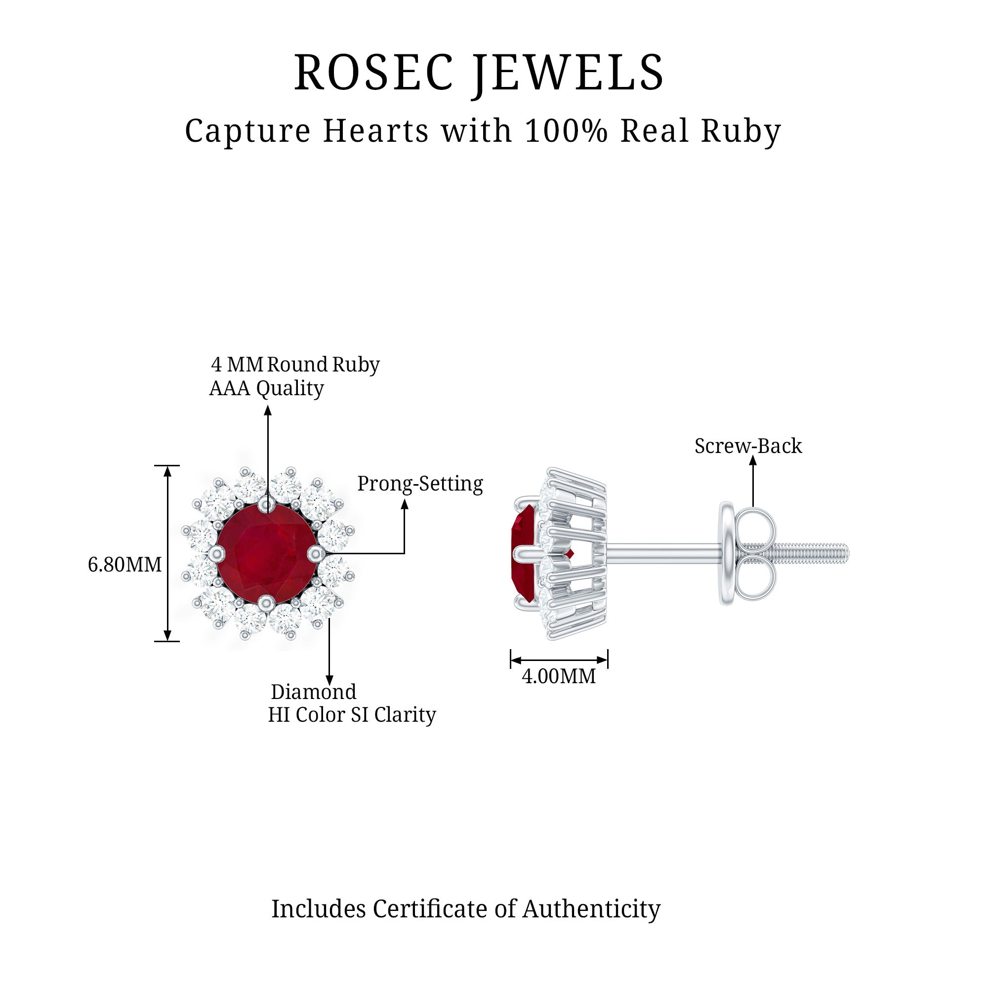 Genuine Ruby Stud Earrings with Diamond Halo AAA - Rosec Jewels