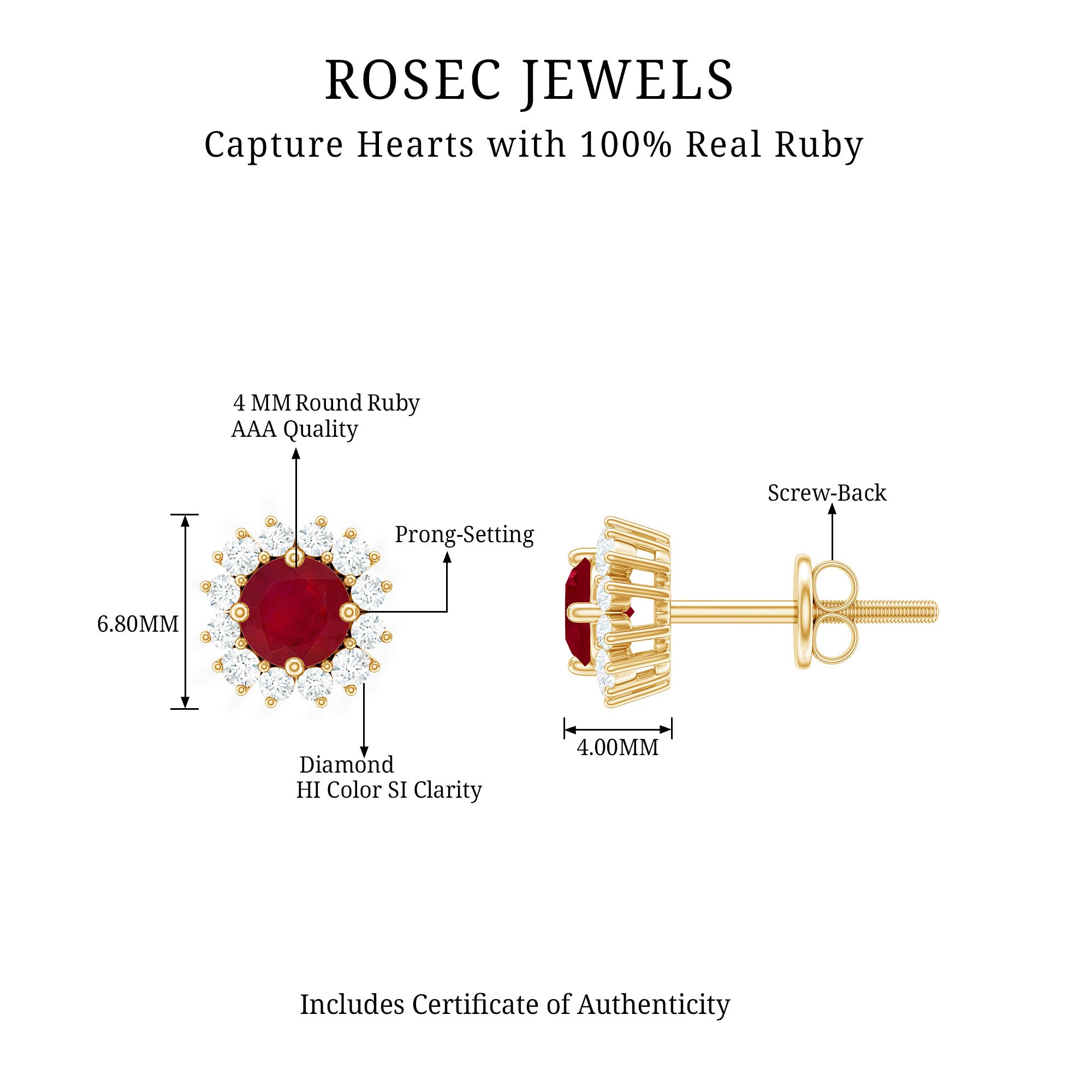 Genuine Ruby Stud Earrings with Diamond Halo AAA - Rosec Jewels