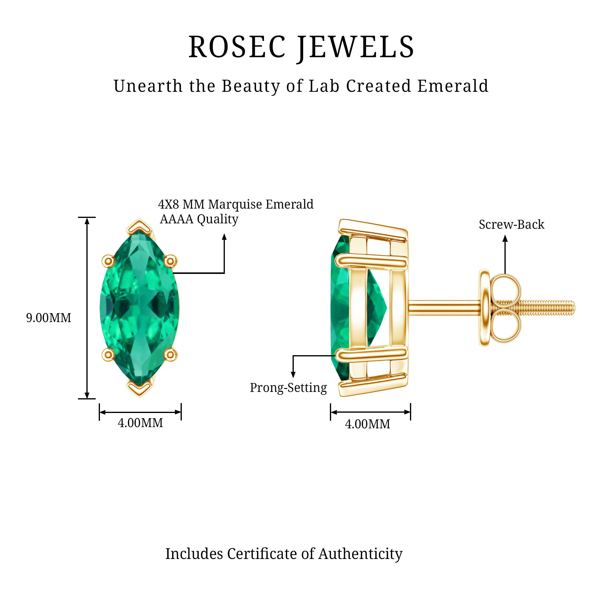 Marquise Cut 1.2 Carat Lab Created Emerald Solitaire Stud Earrings AAAA - Rosec Jewels