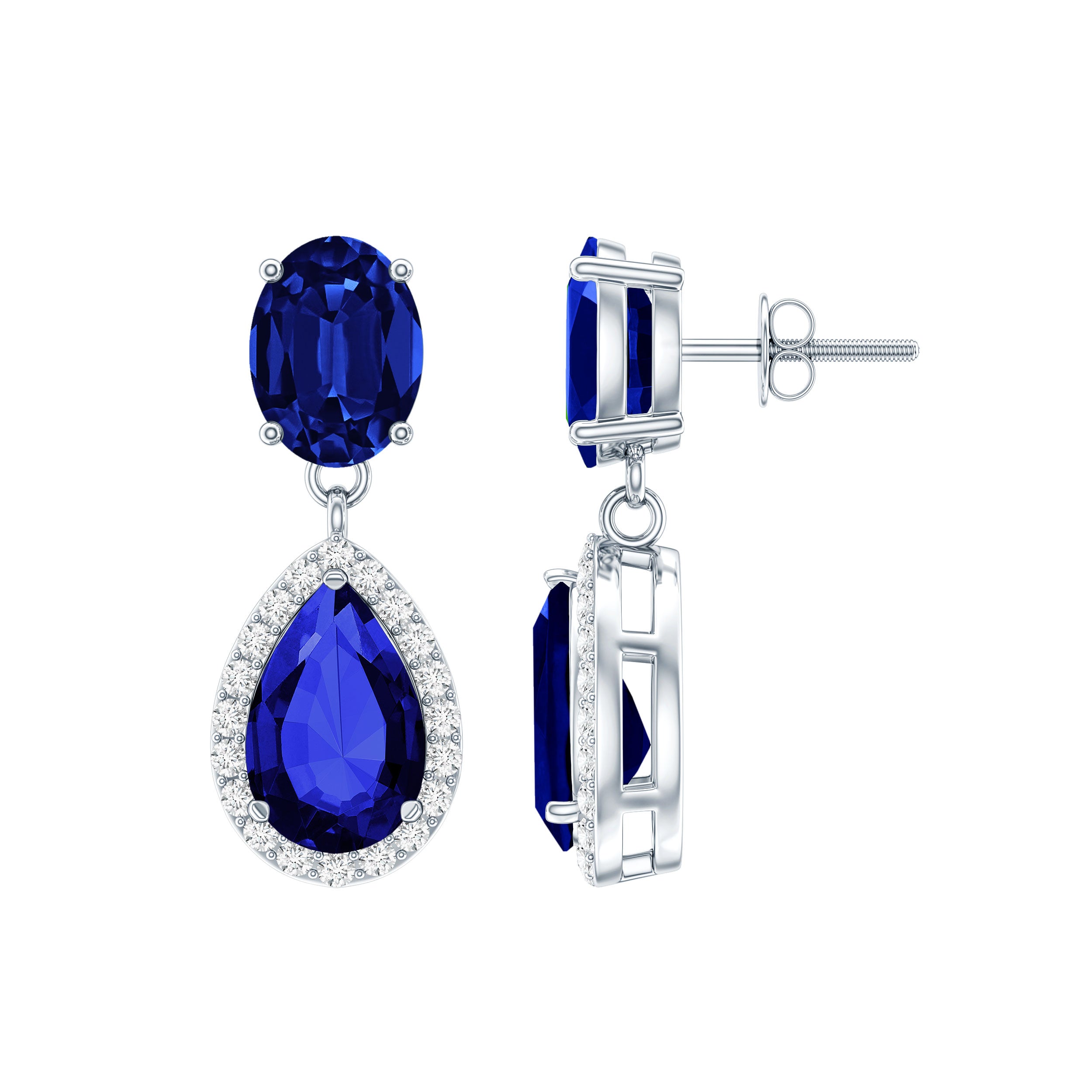 Lab Grown Blue Sapphire Bridal Dangle Earrings with Moissanite AAAA - Rosec Jewels