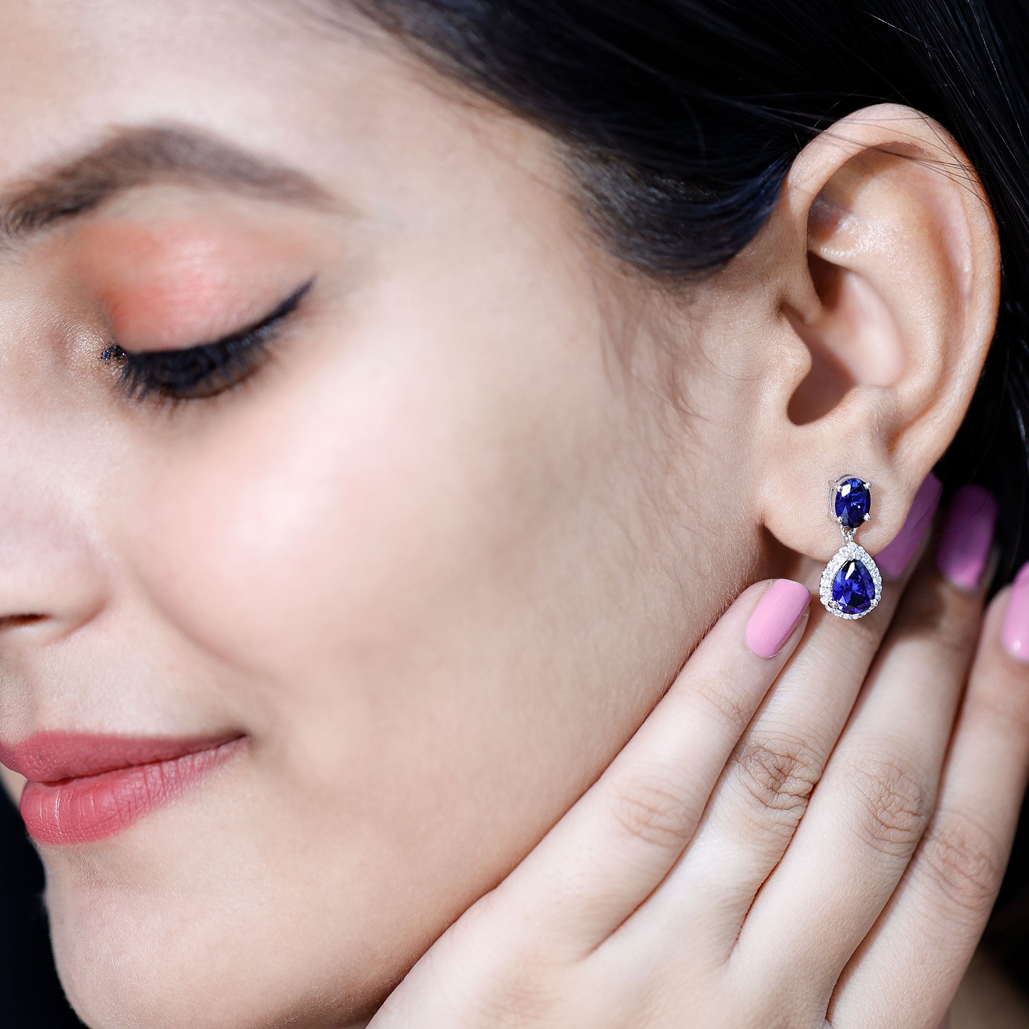 Lab Grown Blue Sapphire Bridal Dangle Earrings with Moissanite AAAA - Rosec Jewels