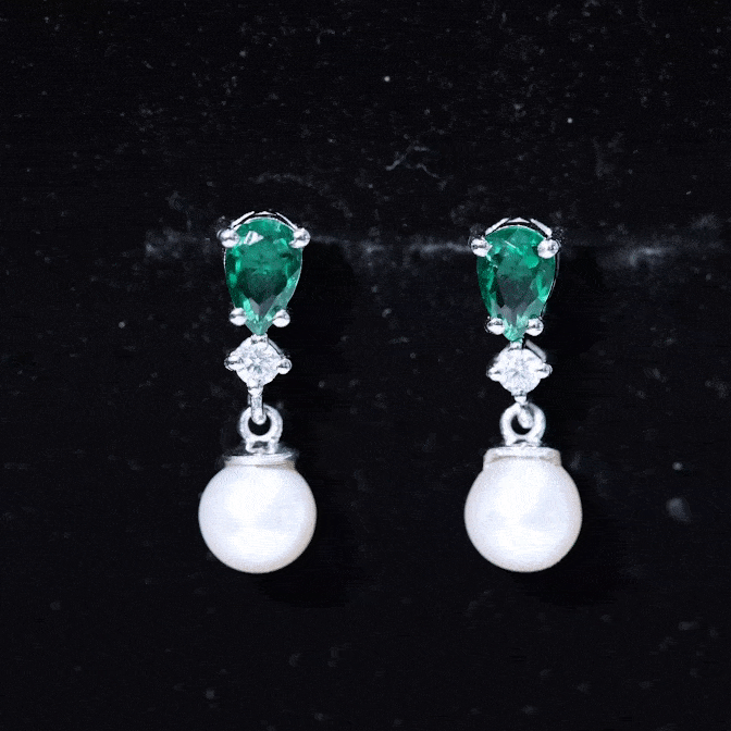 Freshwater Pearl Drop Dangle Earrings With Created Emerald AAA - Rosec Jewels