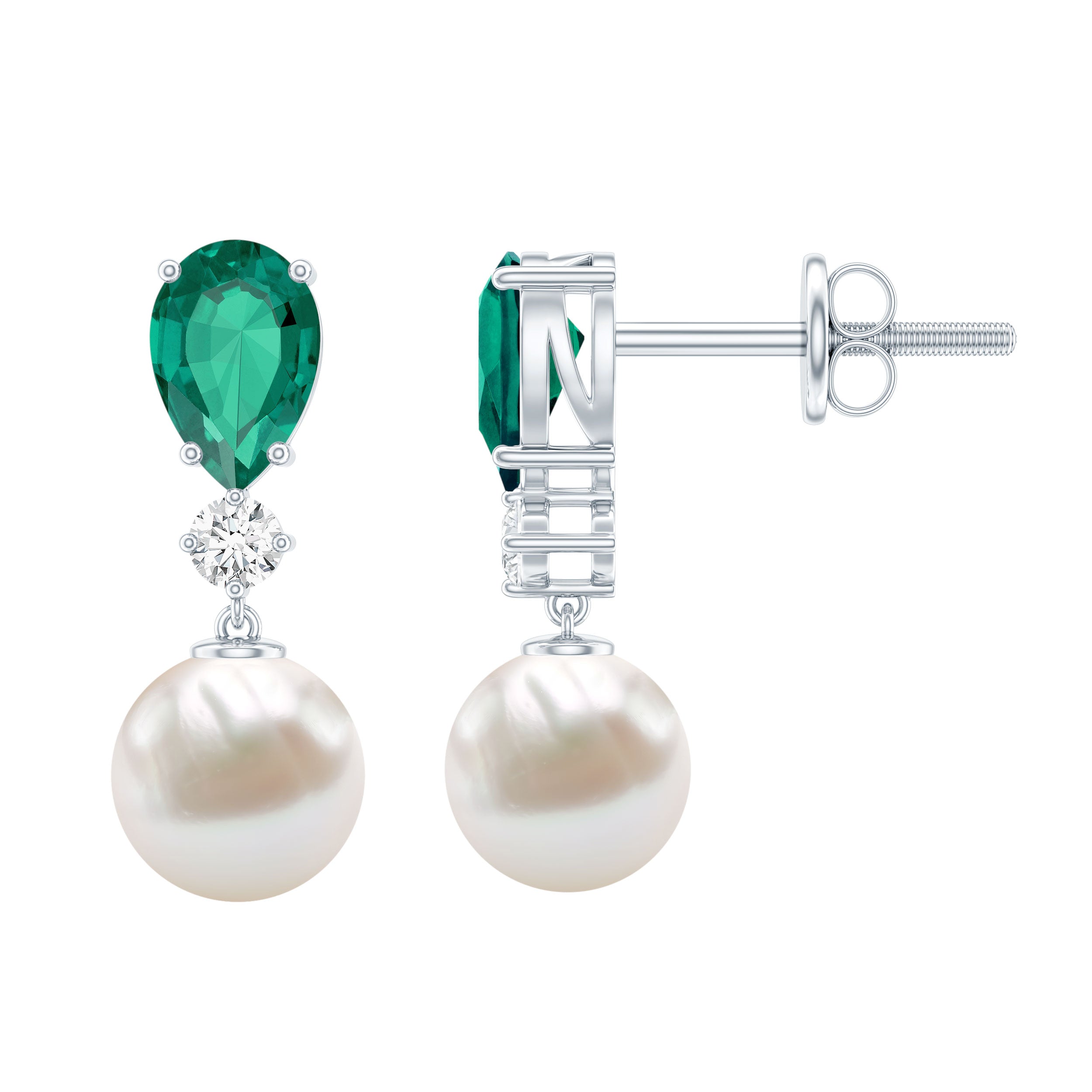 Boucles d'oreilles pendantes en émeraude et moissanite créées 3,75 ct avec goutte de perle d'eau douce