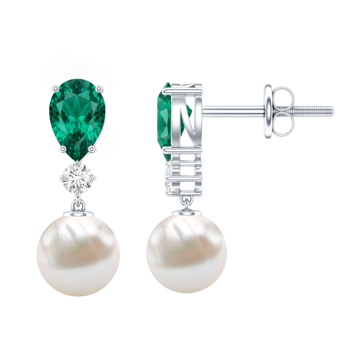 Freshwater Pearl Drop Dangle Earrings With Created Emerald AAA - Rosec Jewels