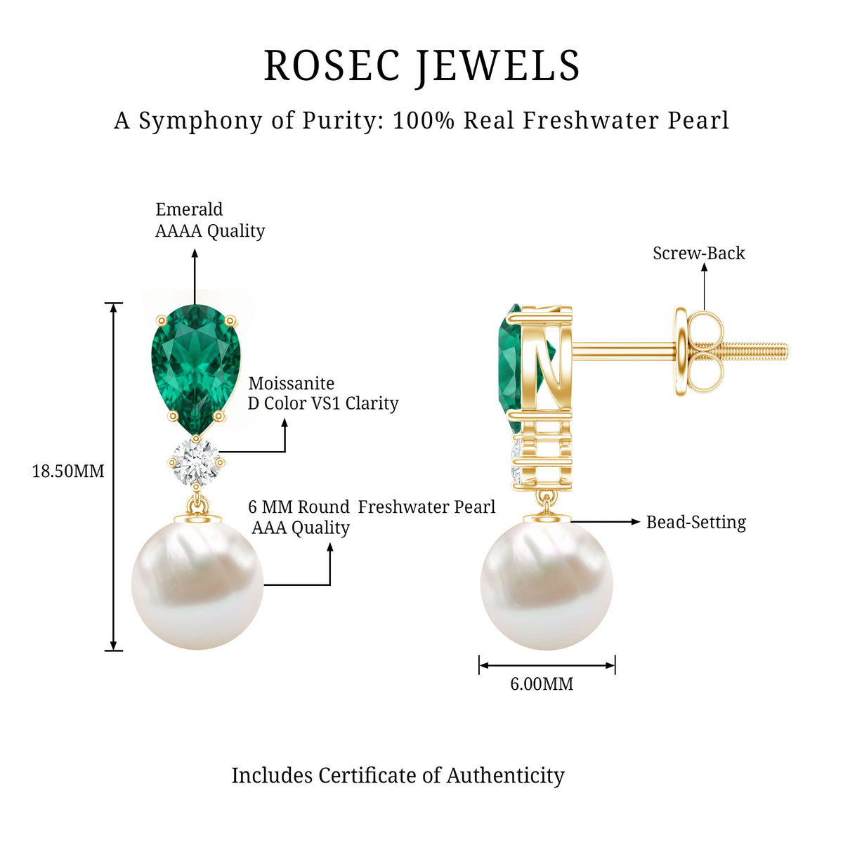 Freshwater Pearl Drop Dangle Earrings With Created Emerald AAA - Rosec Jewels