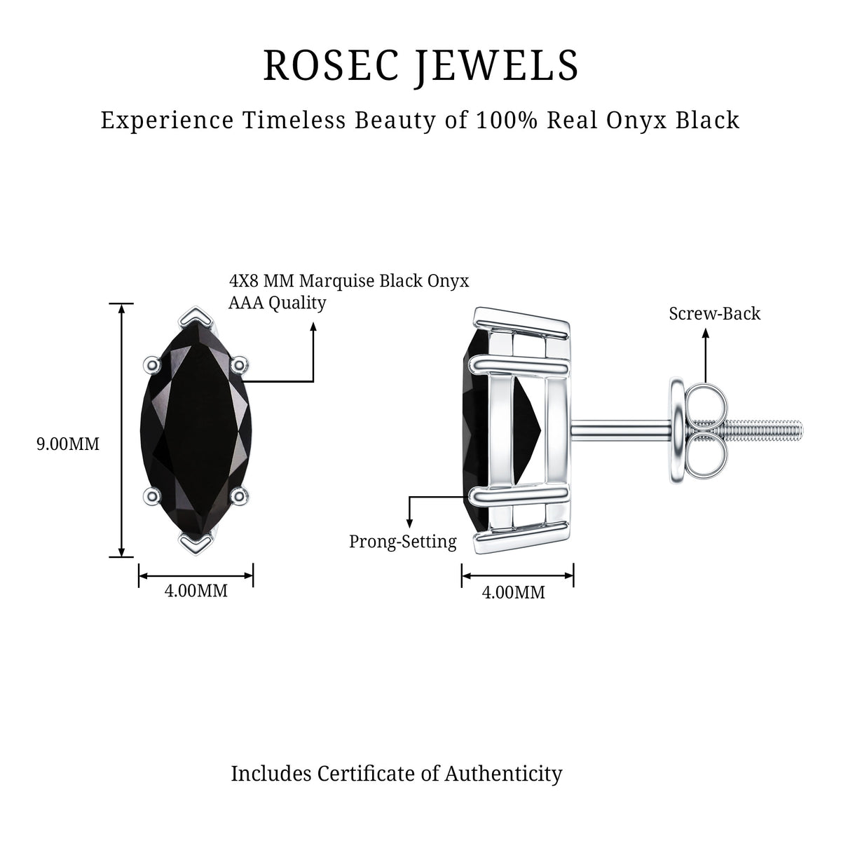 Genuine Black Onyx Marquise Stud Earrings with Certificate AAA - Rosec Jewels