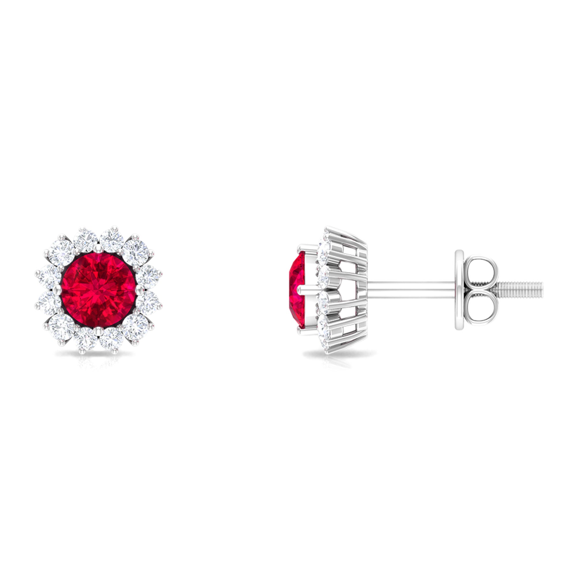 1.75 CT Lab Created Ruby Classic Stud Earring with Diamond Halo