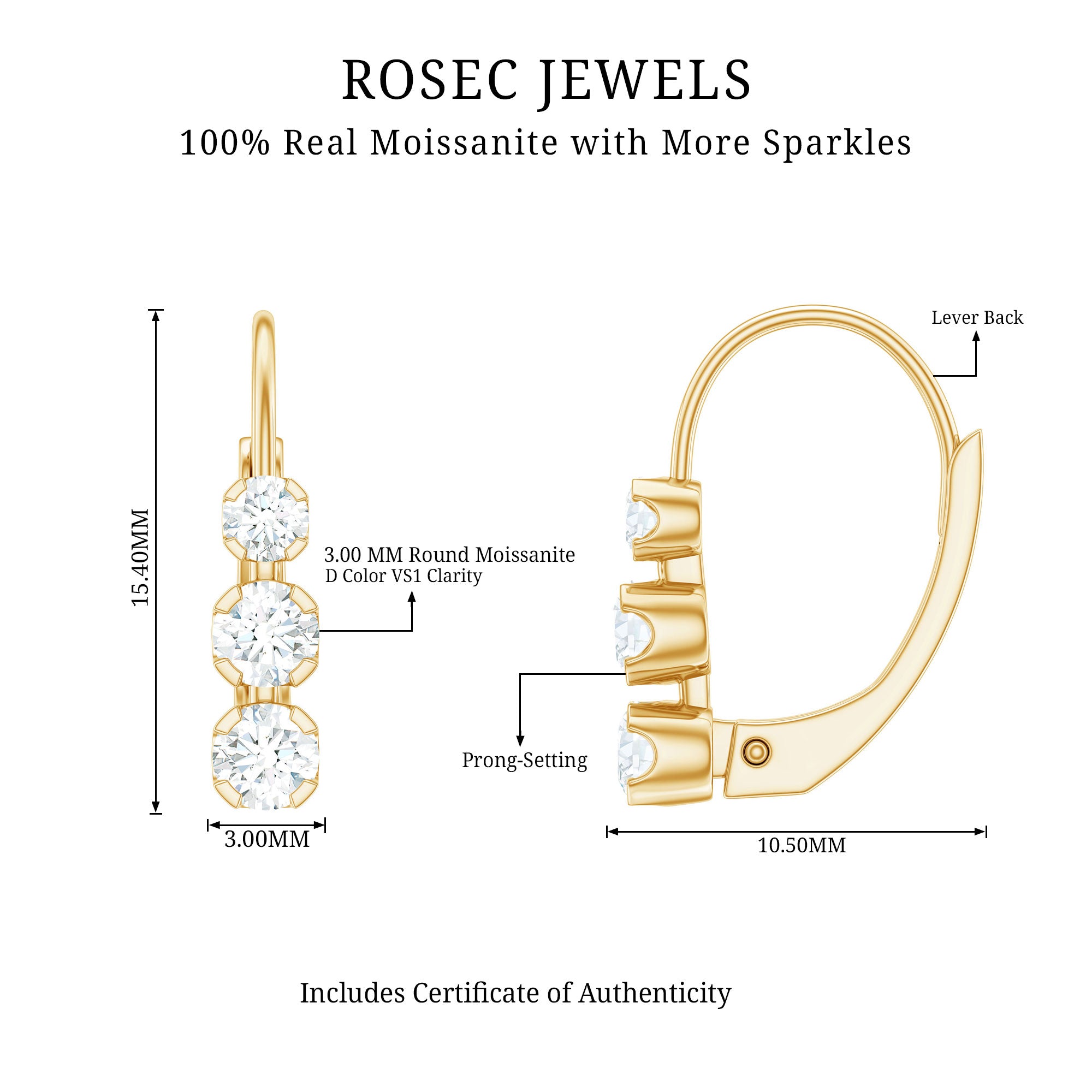 Round Moissanite Three Stone Hoop Earrings with Lever Back D-VS1 - Rosec Jewels