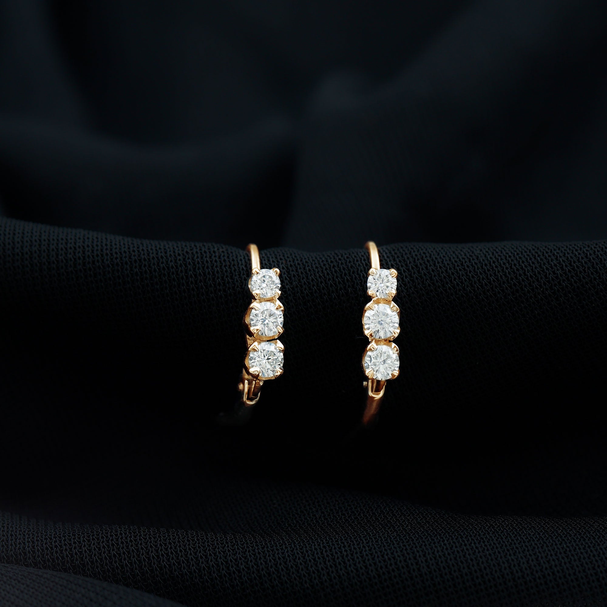 Round Moissanite Three Stone Hoop Earrings with Lever Back D-VS1 - Rosec Jewels