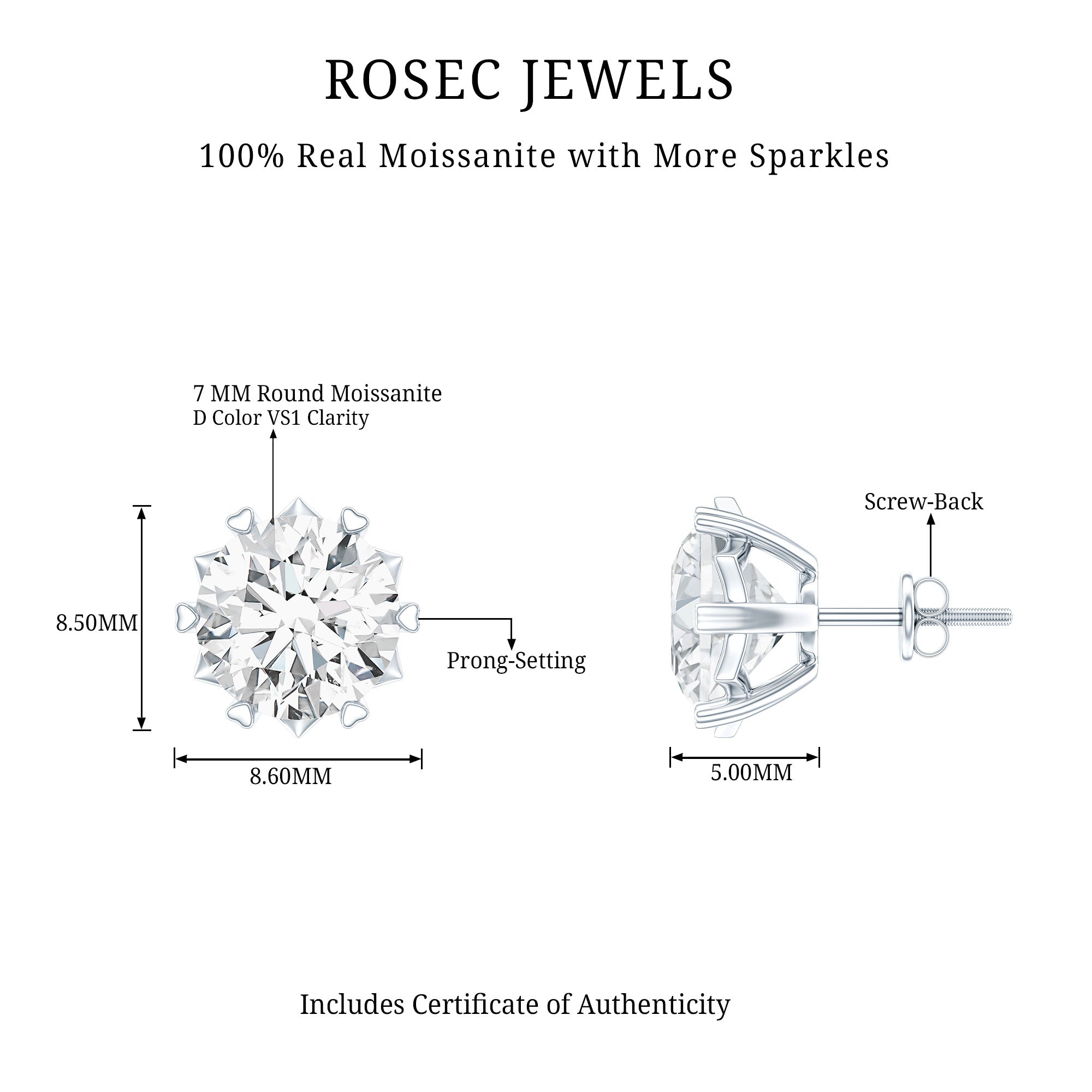 Brilliant Cut Moissanite Solitaire Stud Earrings in Decorative Setting D-VS1 - Rosec Jewels