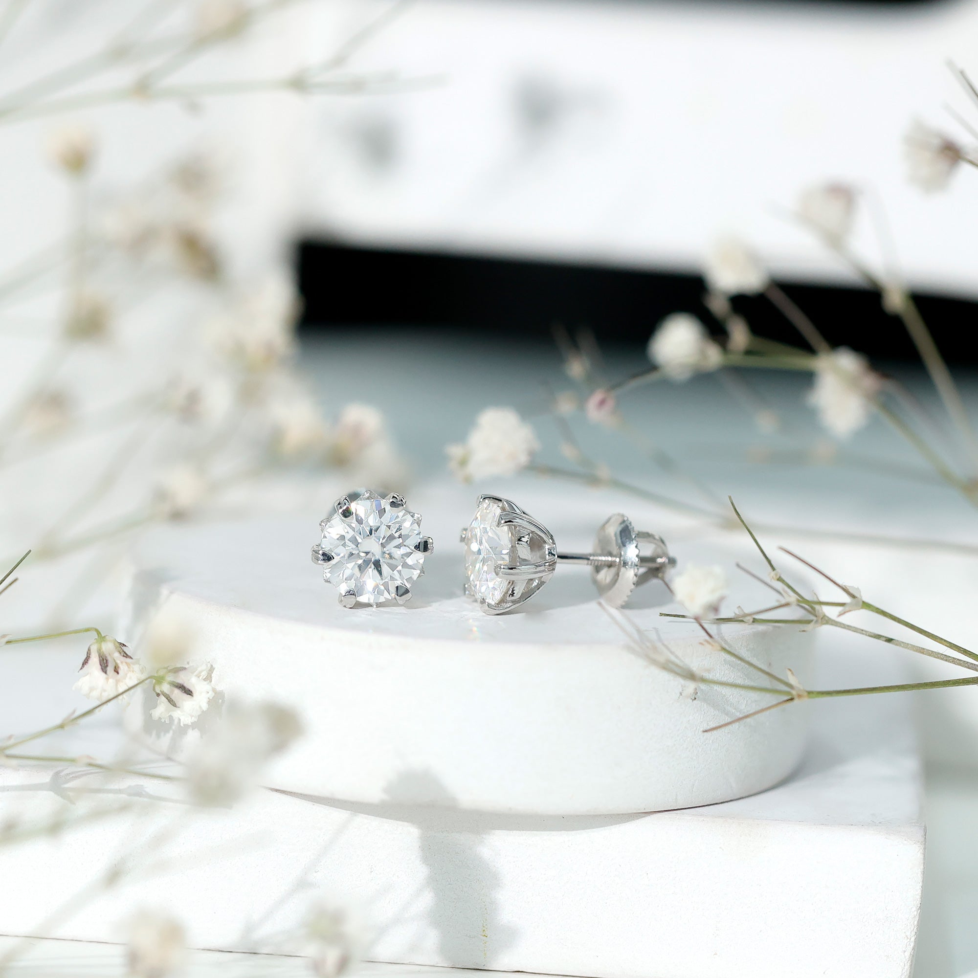 Brilliant Cut Moissanite Solitaire Stud Earrings in Decorative Setting D-VS1 - Rosec Jewels