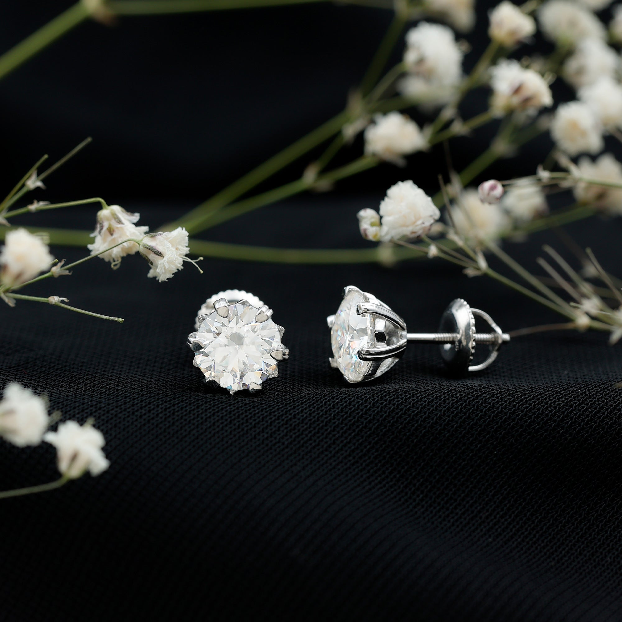 Brilliant Cut Moissanite Solitaire Stud Earrings in Decorative Setting D-VS1 - Rosec Jewels