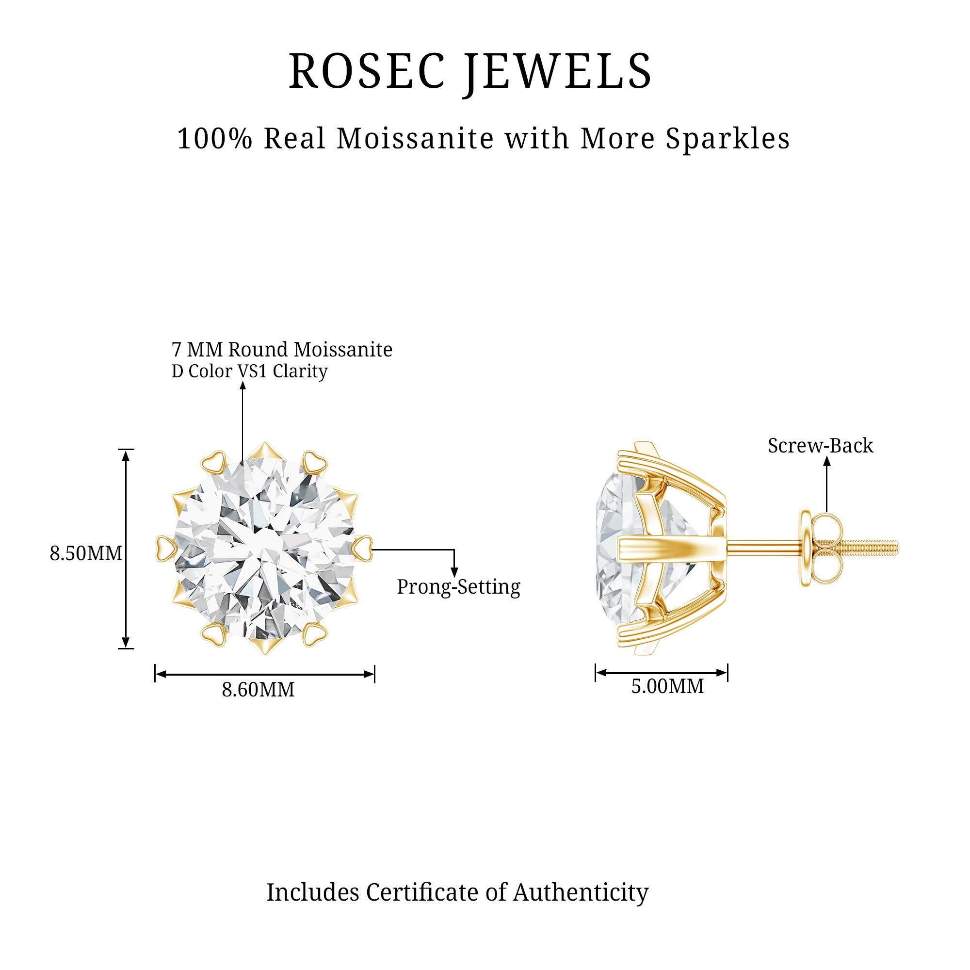 Brilliant Cut Moissanite Solitaire Stud Earrings in Decorative Setting D-VS1 - Rosec Jewels