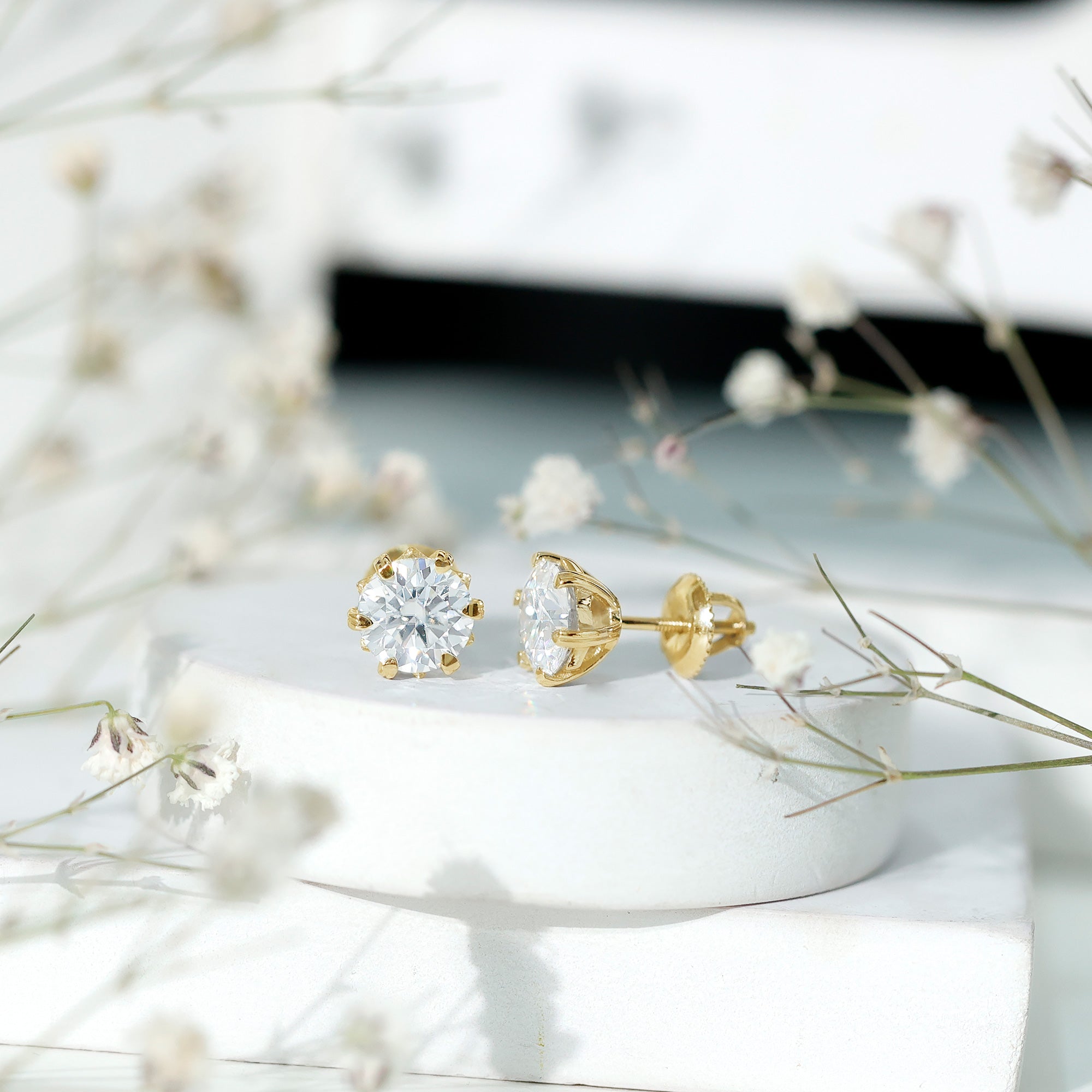 Brilliant Cut Moissanite Solitaire Stud Earrings in Decorative Setting D-VS1 - Rosec Jewels