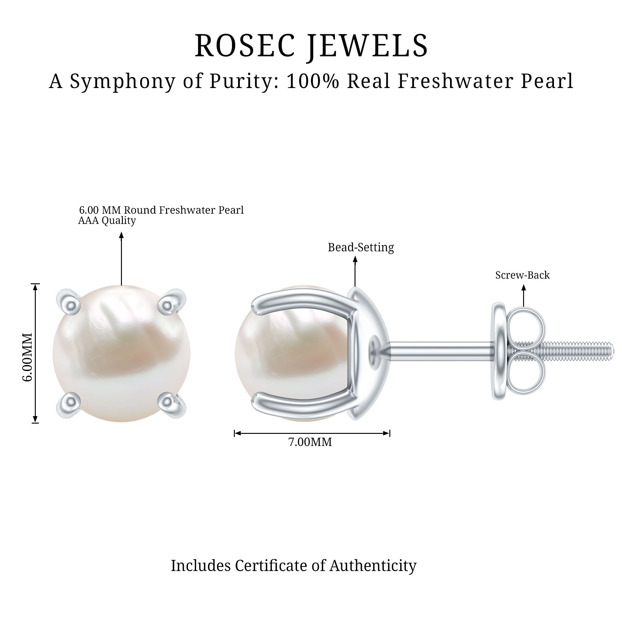 6 MM Round Freshwater Pearl Solitaire Stud Earrings AAA - Rosec Jewels