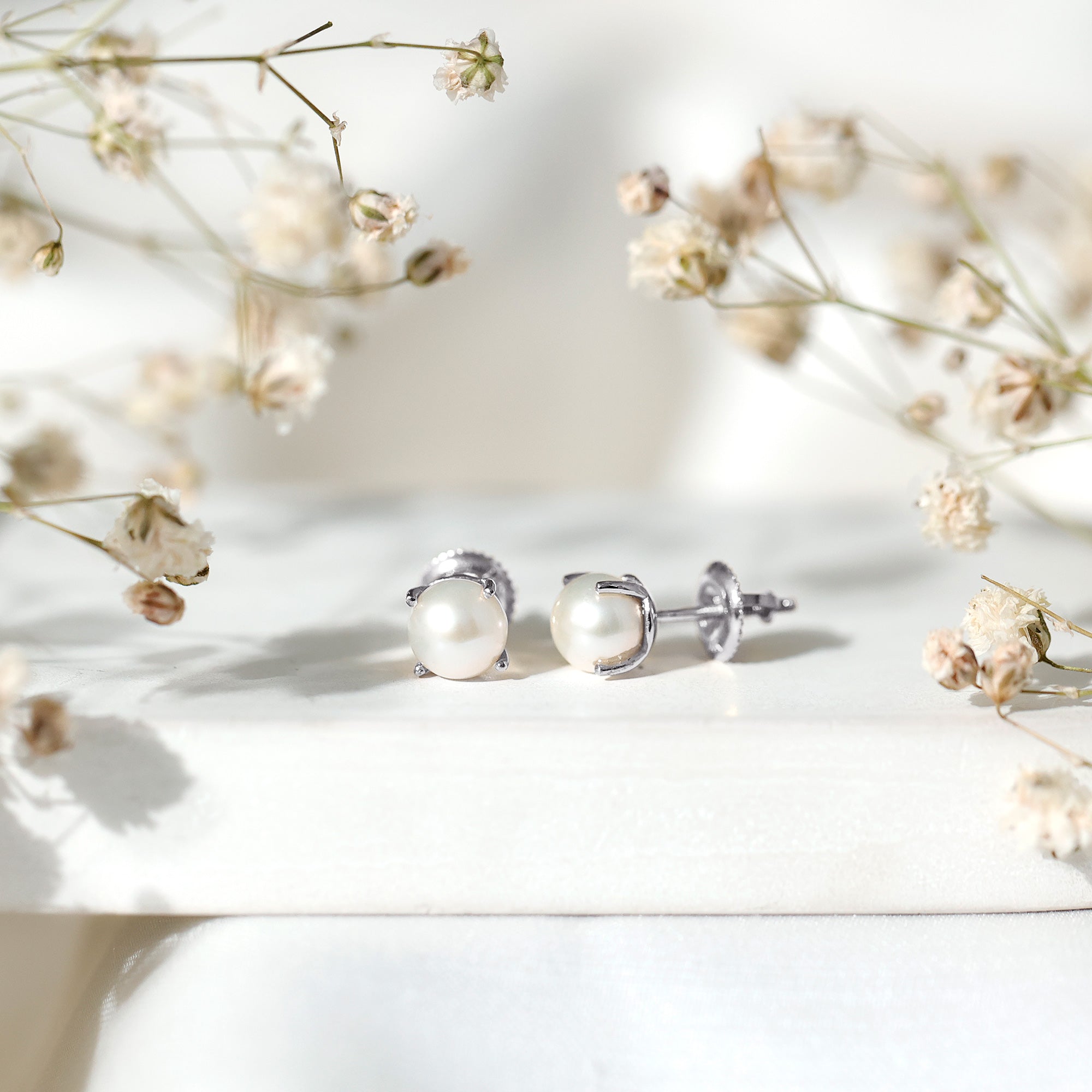 6 MM Round Freshwater Pearl Solitaire Stud Earrings AAA - Rosec Jewels
