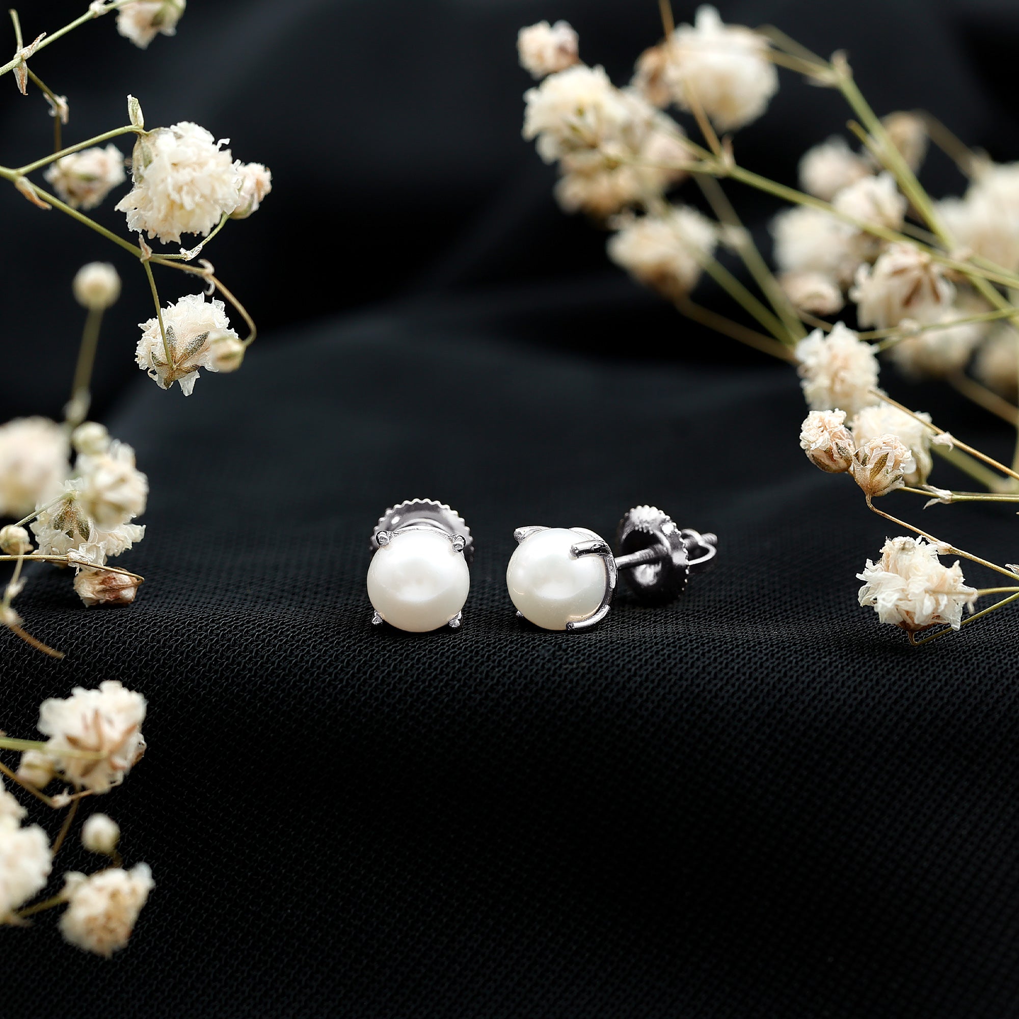 6 MM Round Freshwater Pearl Solitaire Stud Earrings AAA - Rosec Jewels