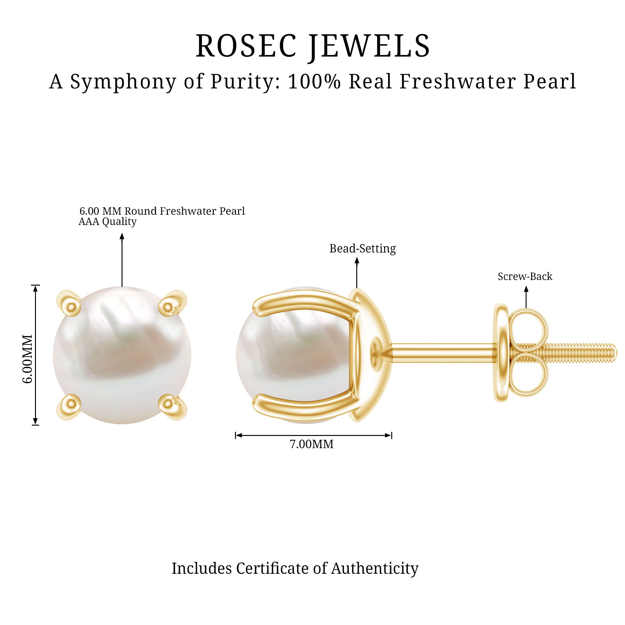 6 MM Round Freshwater Pearl Solitaire Stud Earrings AAA - Rosec Jewels