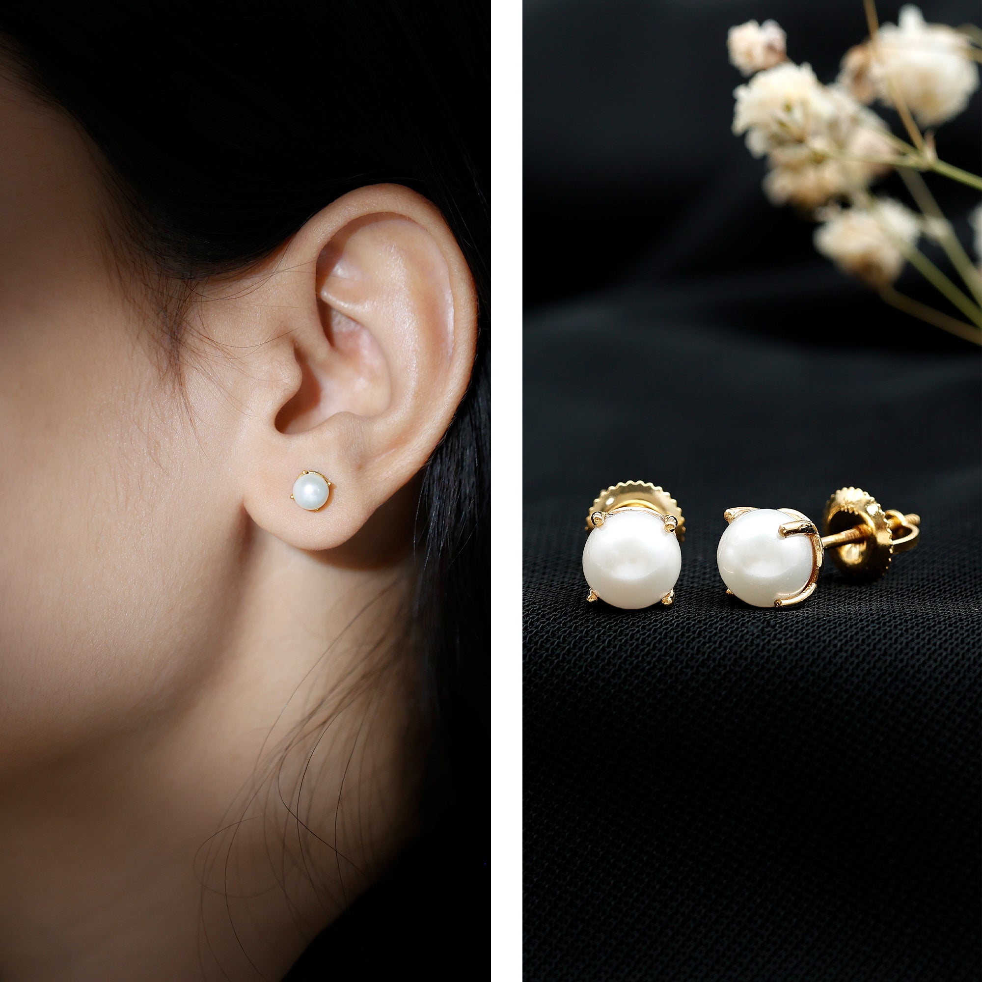 6 MM Round Freshwater Pearl Solitaire Stud Earrings AAA - Rosec Jewels