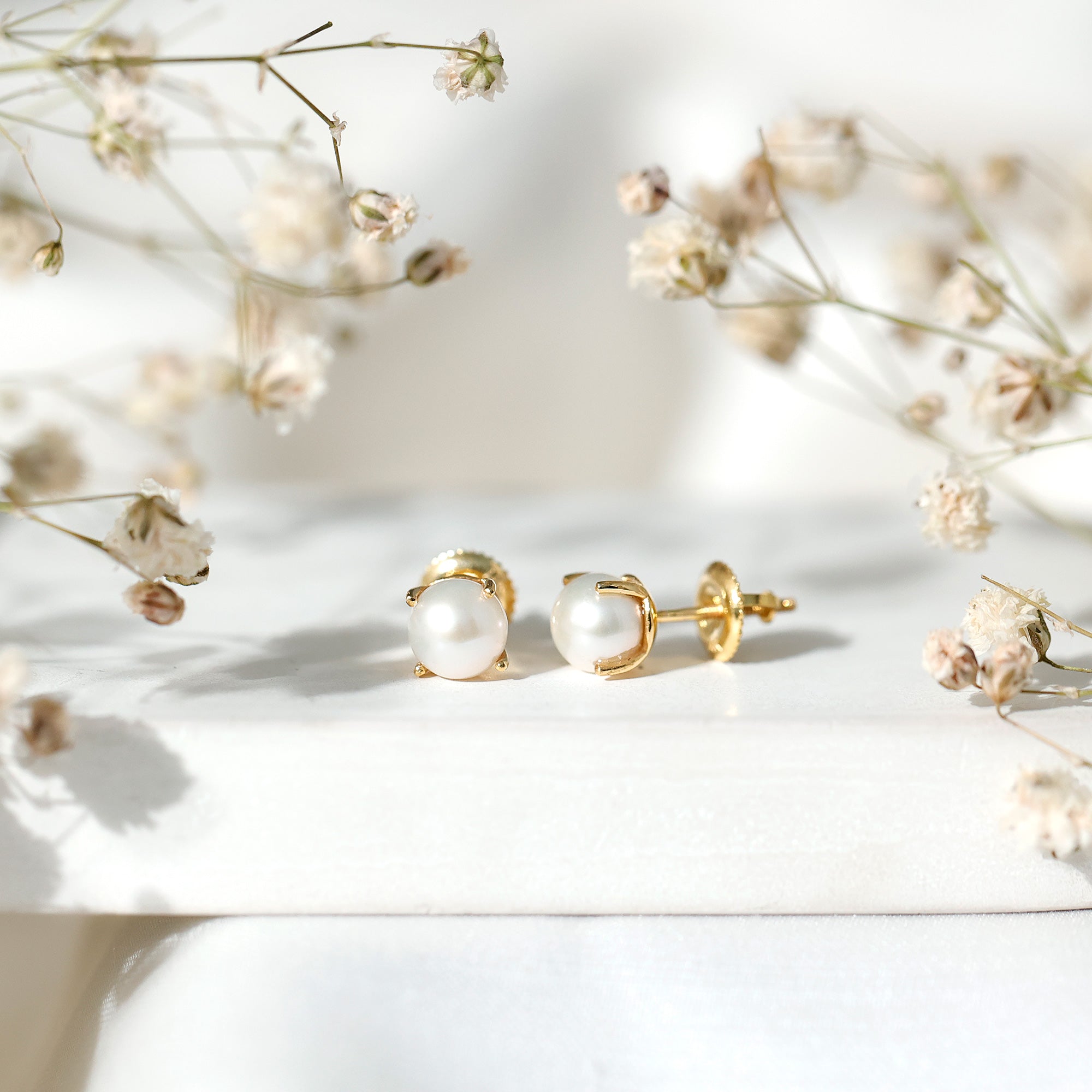 6 MM Round Freshwater Pearl Solitaire Stud Earrings AAA - Rosec Jewels