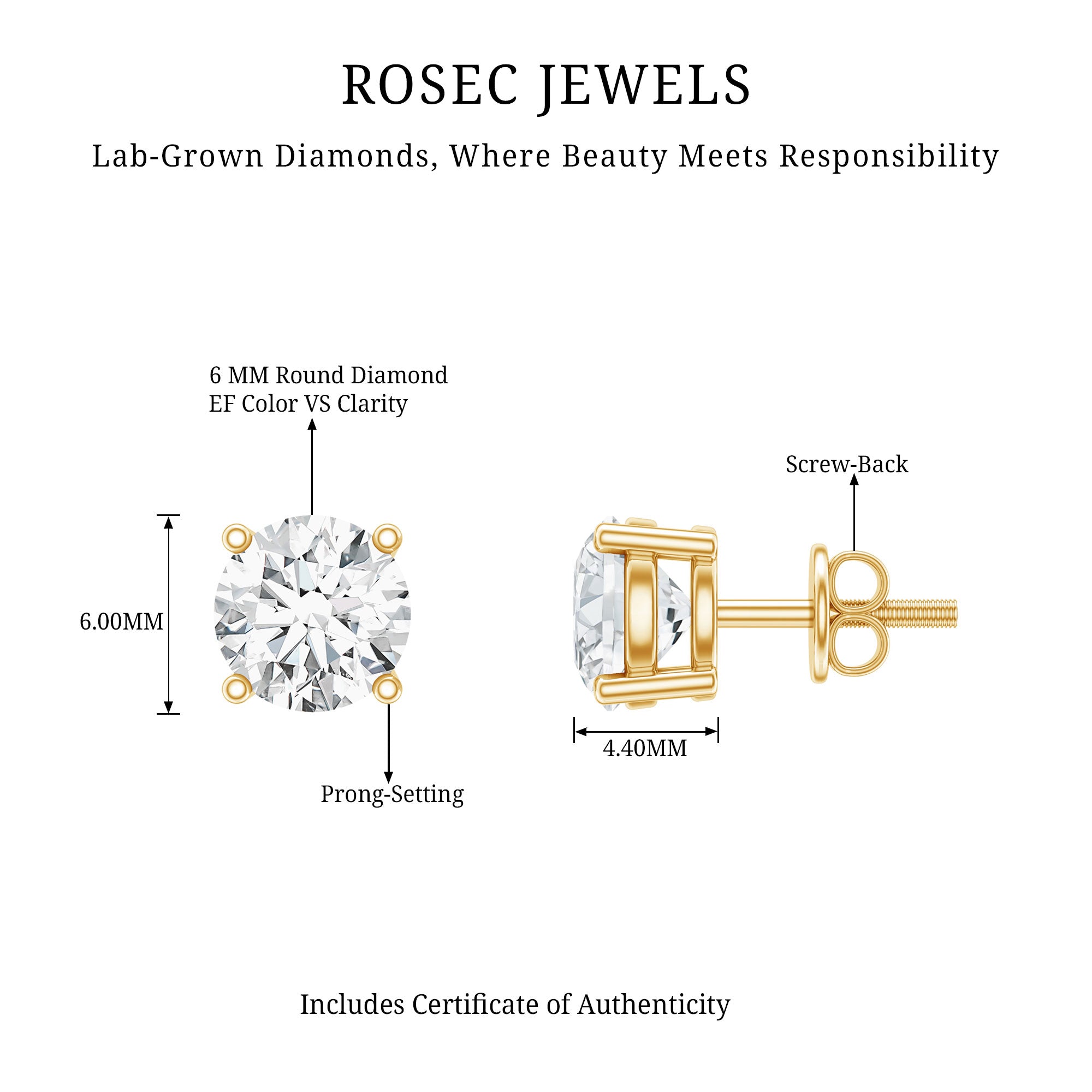 Certified 2 Carat Lab Grow Diamond Earrings with Screw Back Lab - ( EF-VS ) 14K Yellow Gold Plated Silver - Rosec Jewels