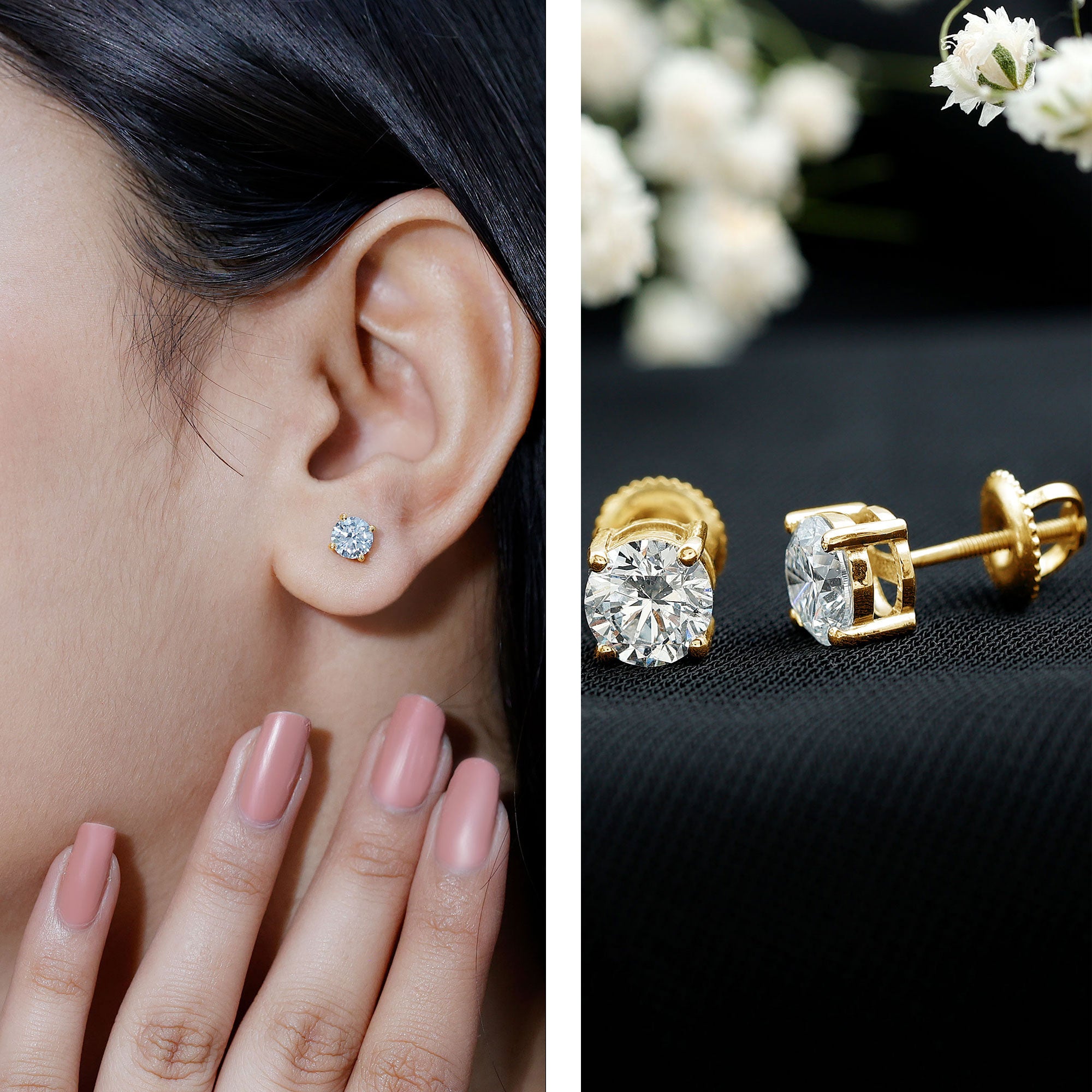Certified 2 Carat Lab Grow Diamond Earrings with Screw Back Lab - ( EF-VS ) 14K Yellow Gold Plated Silver - Rosec Jewels