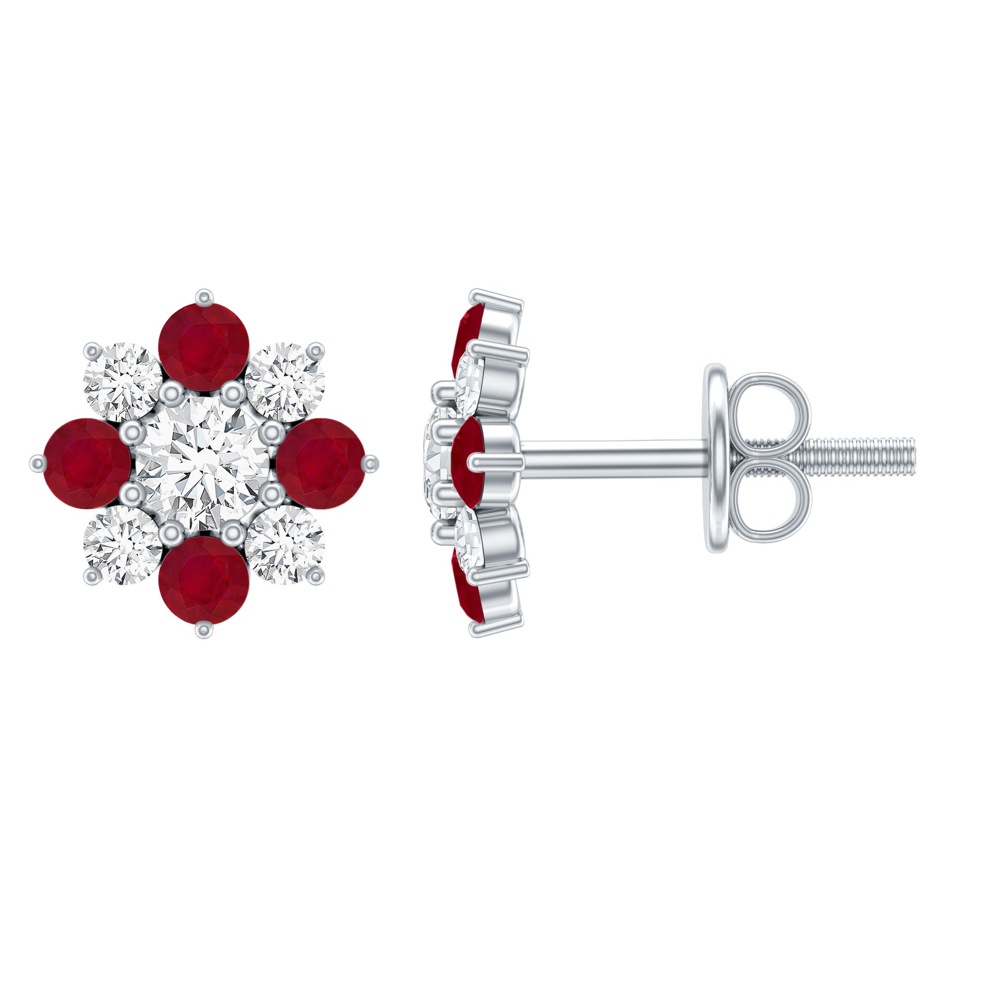 1 CT Diamond and Ruby Floral Stud Earrings