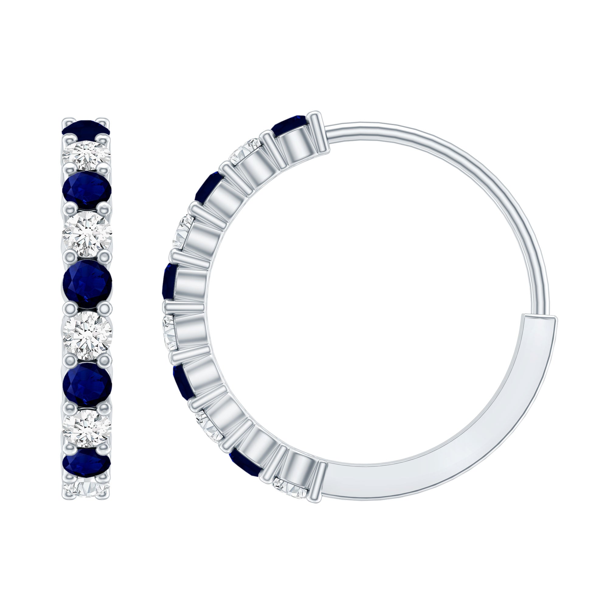 Round Blue Sapphire and Diamond Hinged Hoop Earrings with Certificate AAA - Rosec Jewels