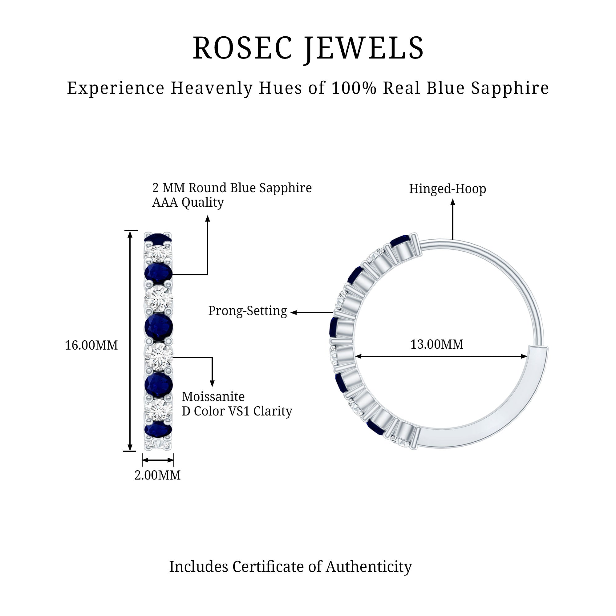 Round Blue Sapphire and Diamond Hinged Hoop Earrings with Certificate AAA - Rosec Jewels