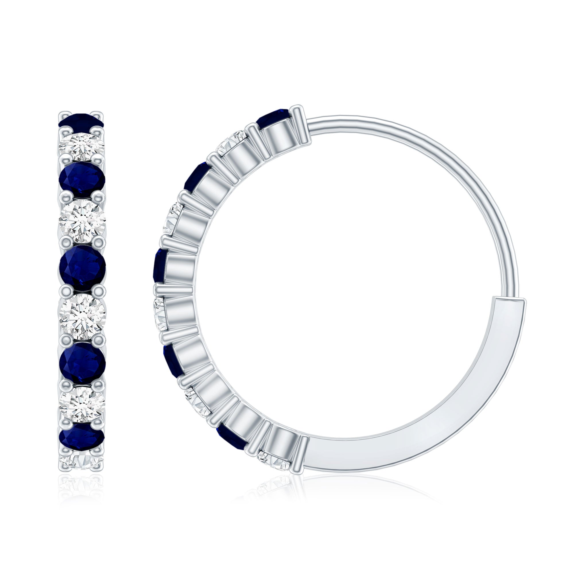 Round Blue Sapphire and Diamond Hinged Hoop Earrings with Certificate AAA - Rosec Jewels
