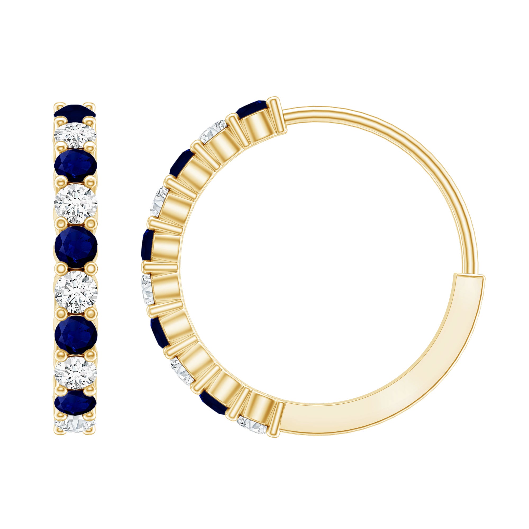 Round Blue Sapphire and Diamond Hinged Hoop Earrings with Certificate AAA - Rosec Jewels