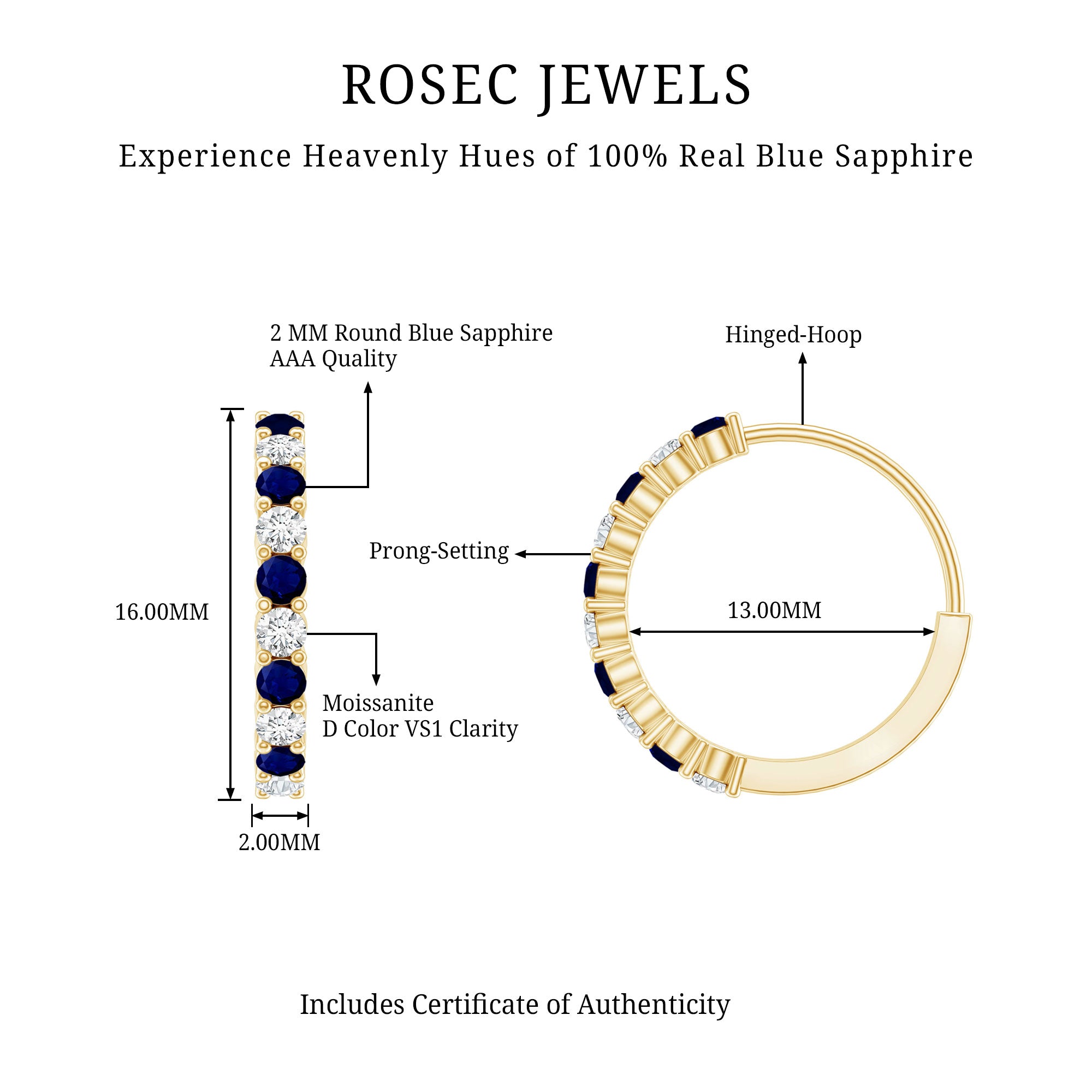 Round Blue Sapphire and Diamond Hinged Hoop Earrings with Certificate AAA - Rosec Jewels