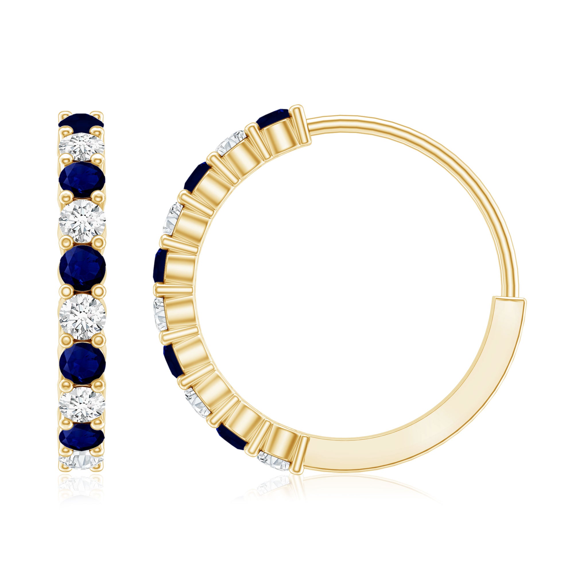 Round Blue Sapphire and Diamond Hinged Hoop Earrings with Certificate AAA - Rosec Jewels