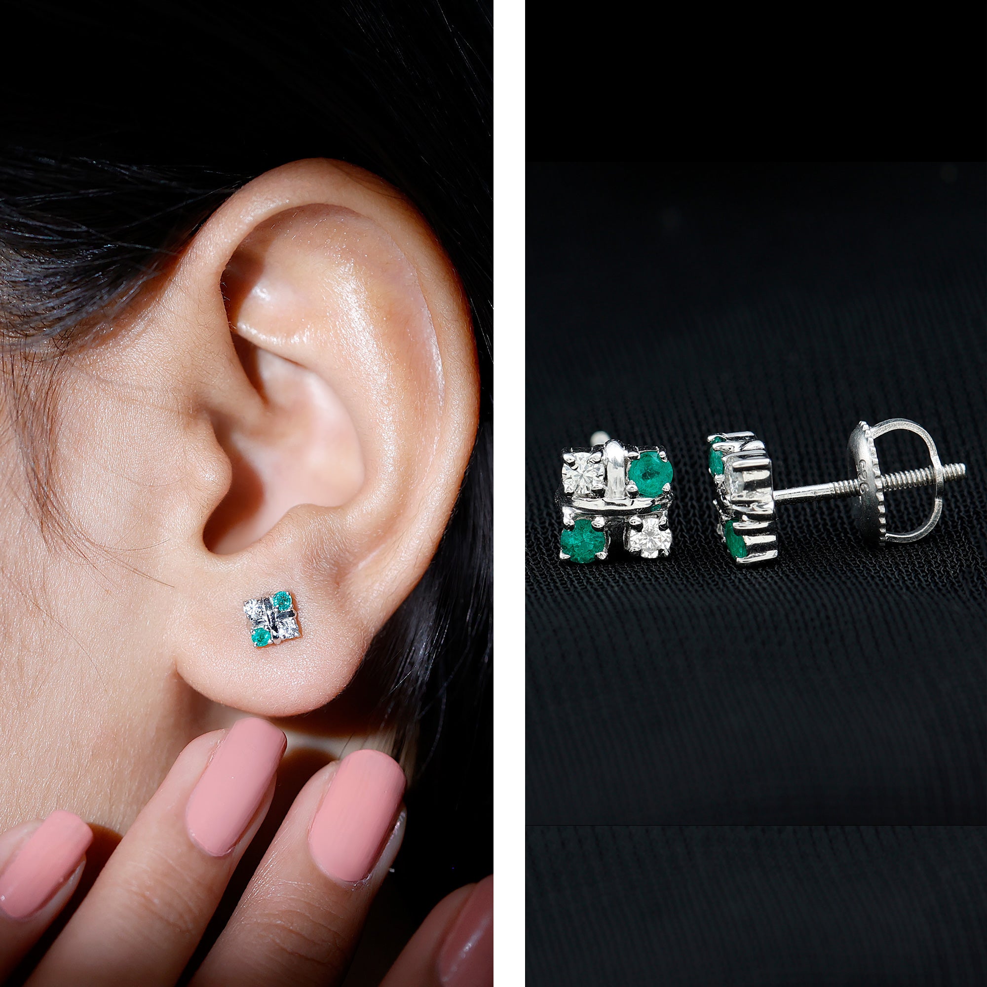 Certified Emerald and Lab Diamond Cluster Stud Earrings AAA - Rosec Jewels