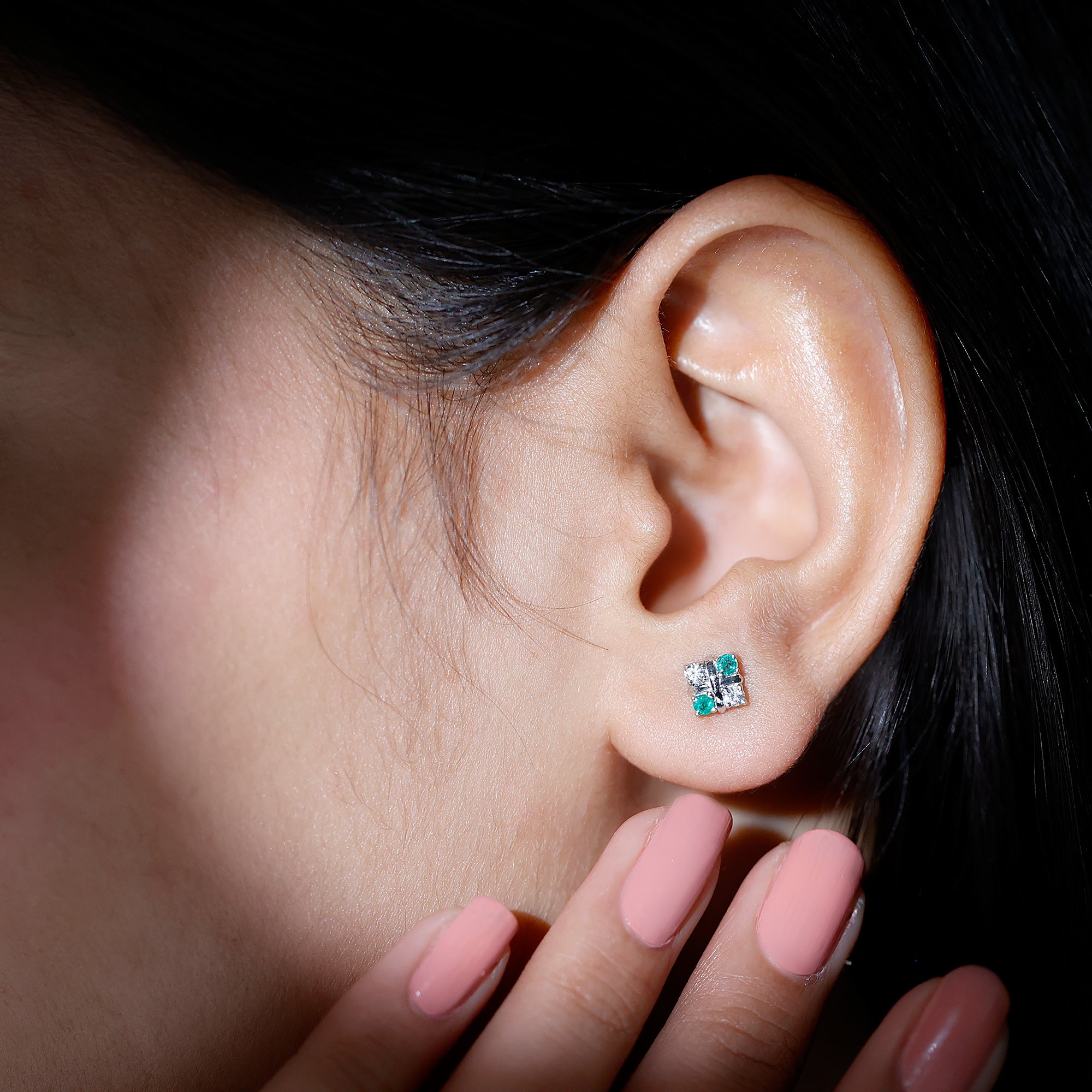 Certified Emerald and Lab Diamond Cluster Stud Earrings AAA - Rosec Jewels