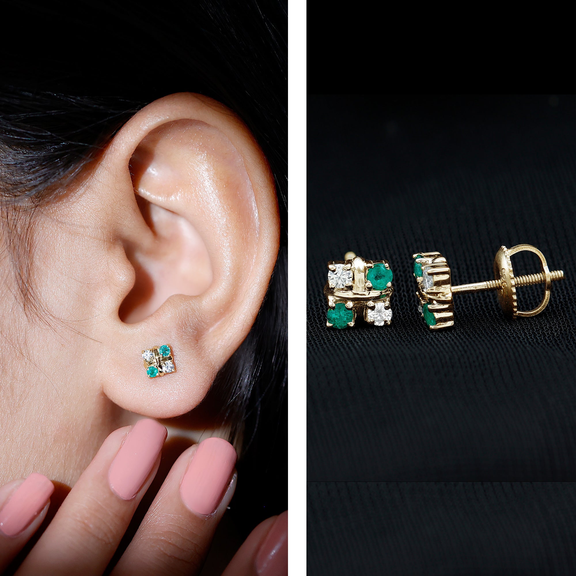 Certified Emerald and Lab Diamond Cluster Stud Earrings AAA - Rosec Jewels