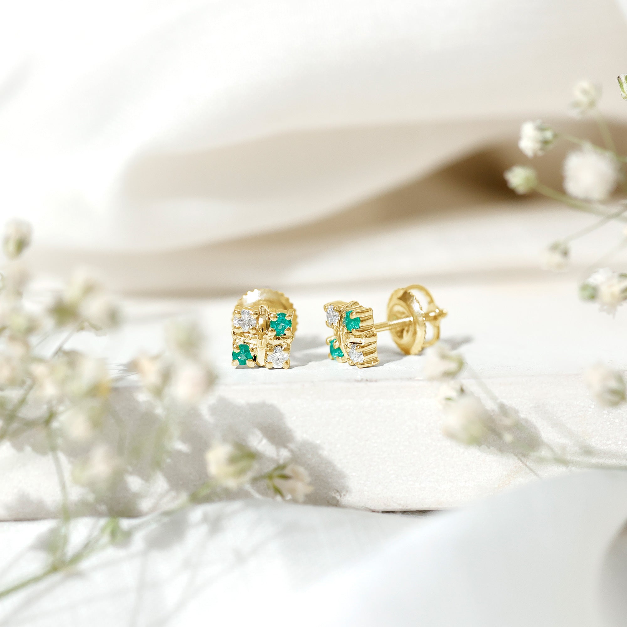 Certified Emerald and Lab Diamond Cluster Stud Earrings AAA - Rosec Jewels