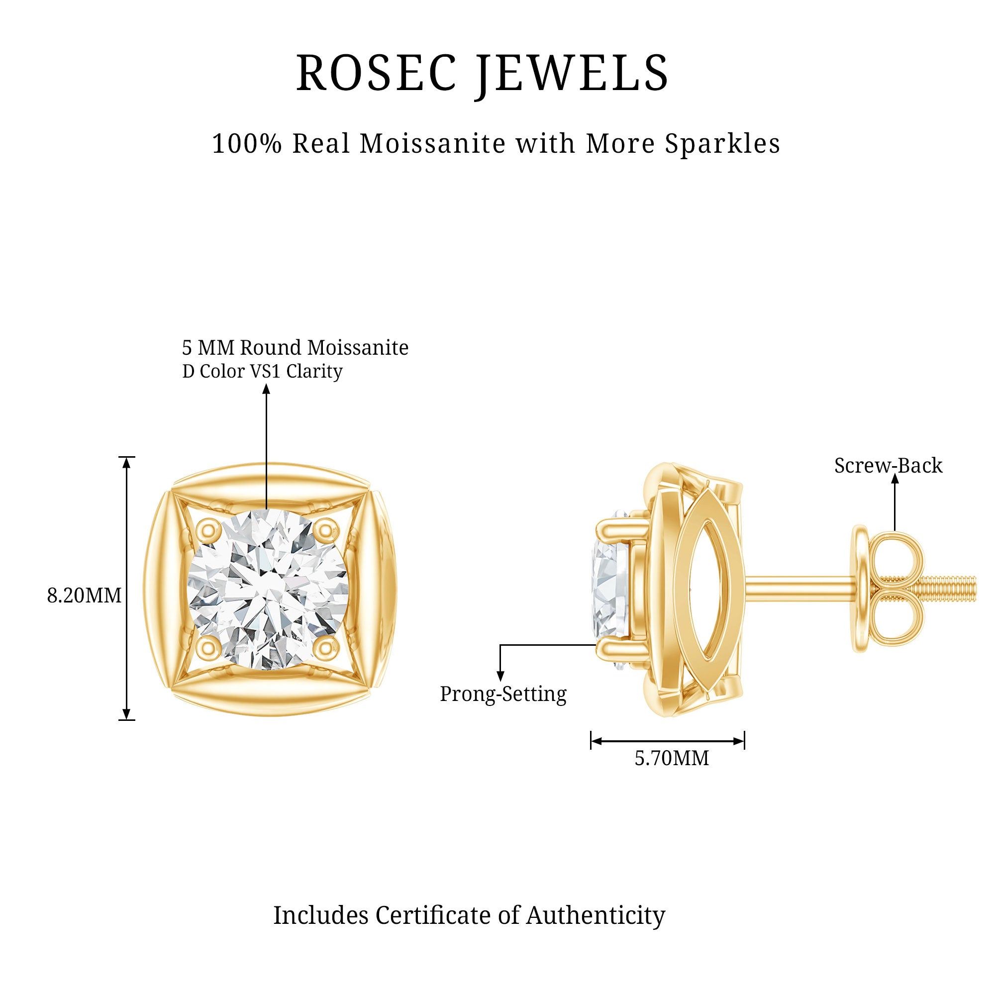 1 CT Solitaire Moissanite Stud Earrings for Women D-VS1 - Rosec Jewels